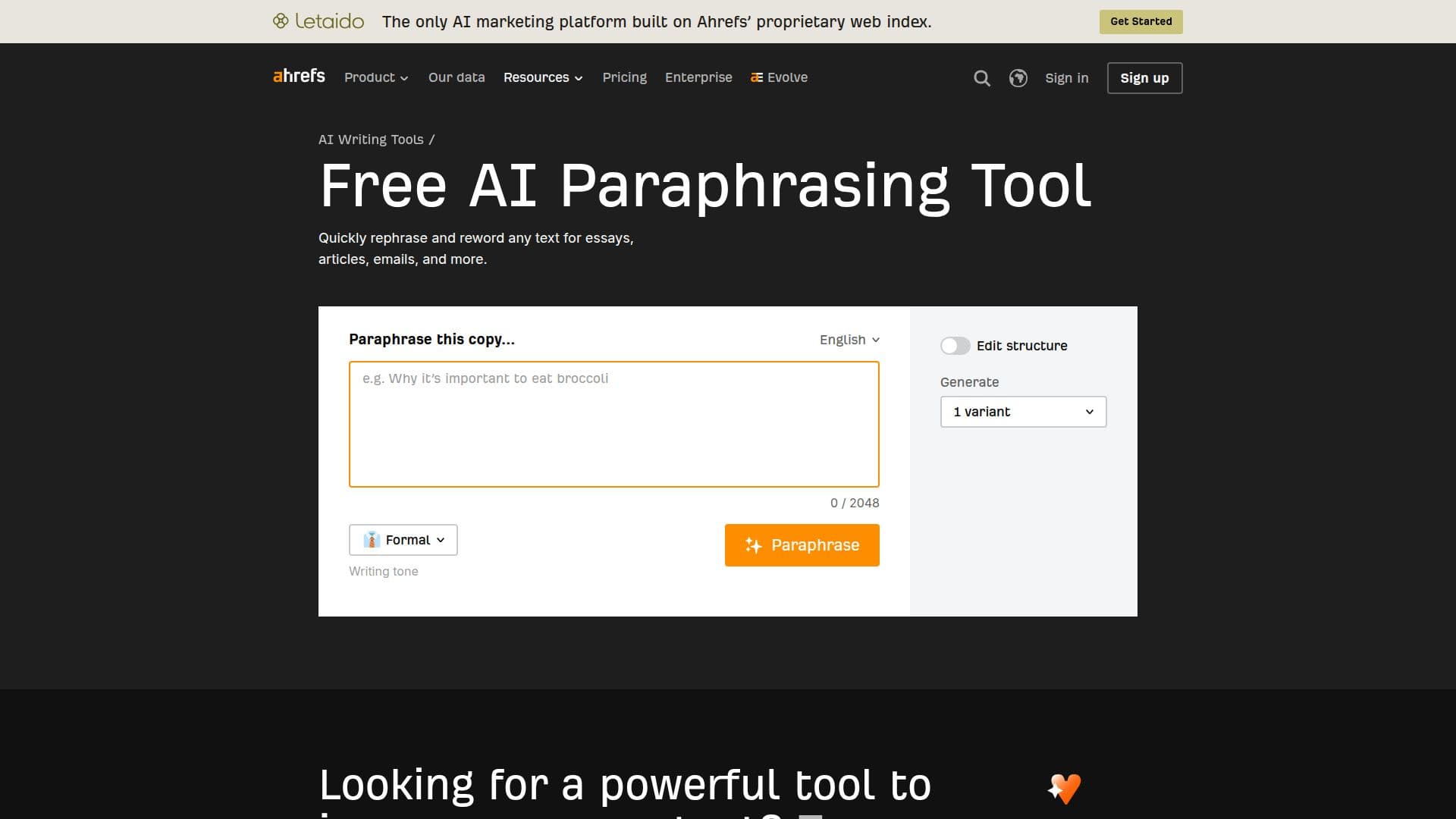 Ahrefs Paraphrasing Tool screenshot
