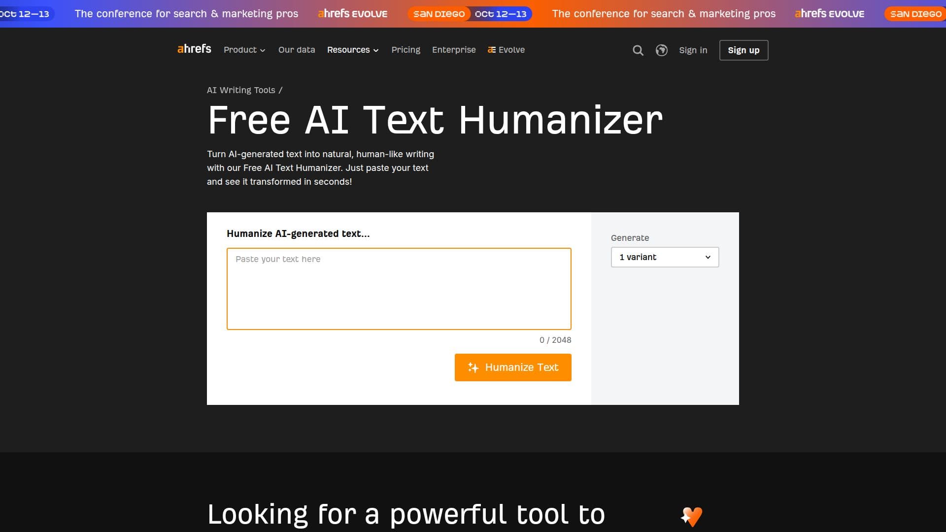 Captura de pantalla de Ahrefs AI Humanizer