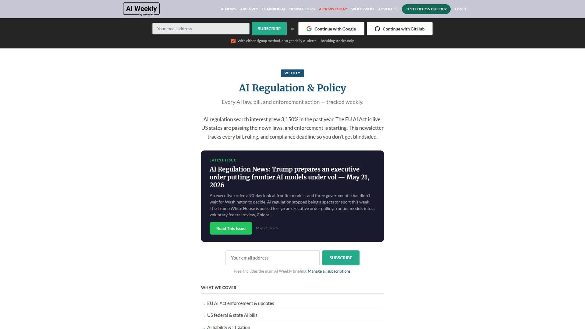Capture d’écran de Bulletin d'Information sur la Réglementation et la Politique de l'IA (AI Weekly)
