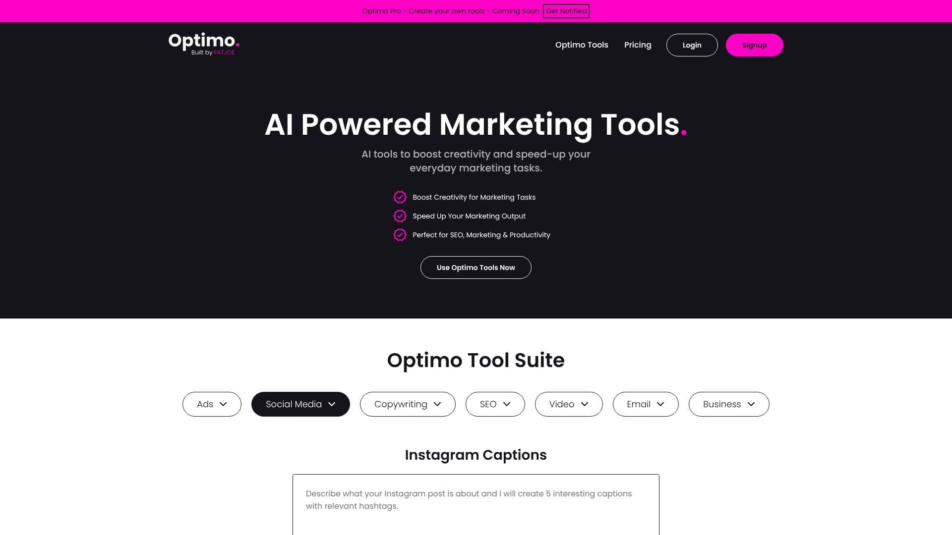 لقطة شاشة لـ أدوات التسويق بالذكاء الاصطناعي من Optimo
