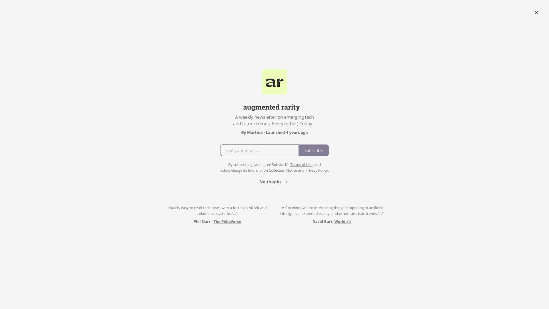 Capture d’écran de Augmented Rarity Newsletter