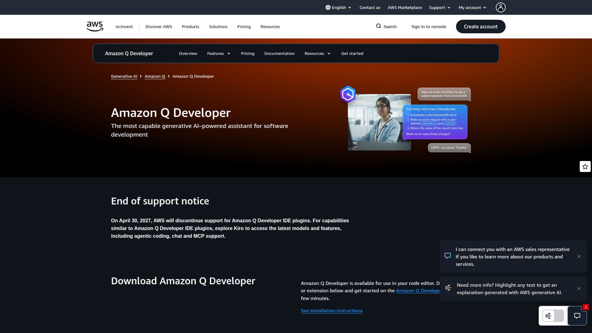 Coding Assistant - Amazon Q Developer - AWS screenshot