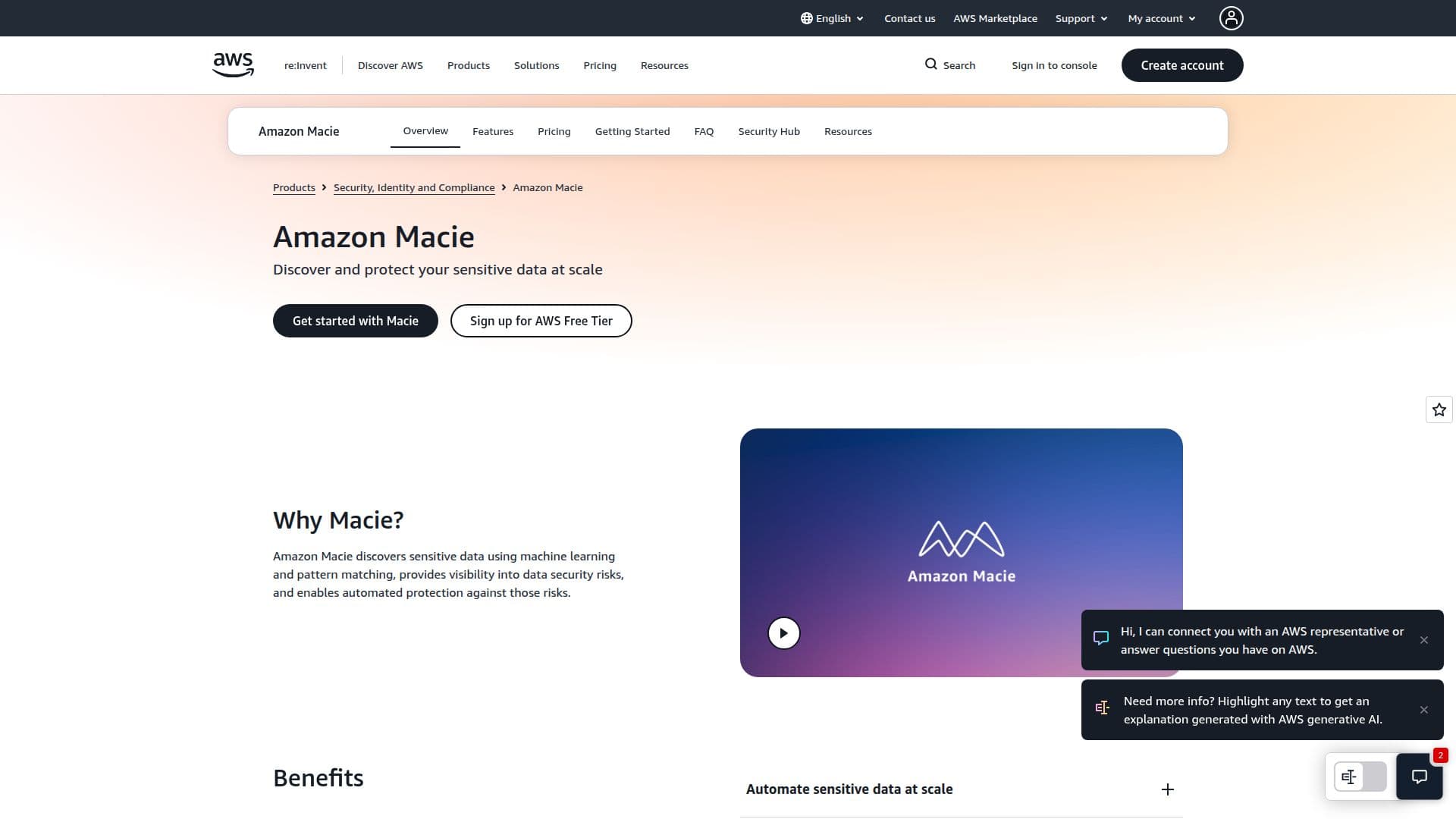 Capture d’écran de Amazon Macie