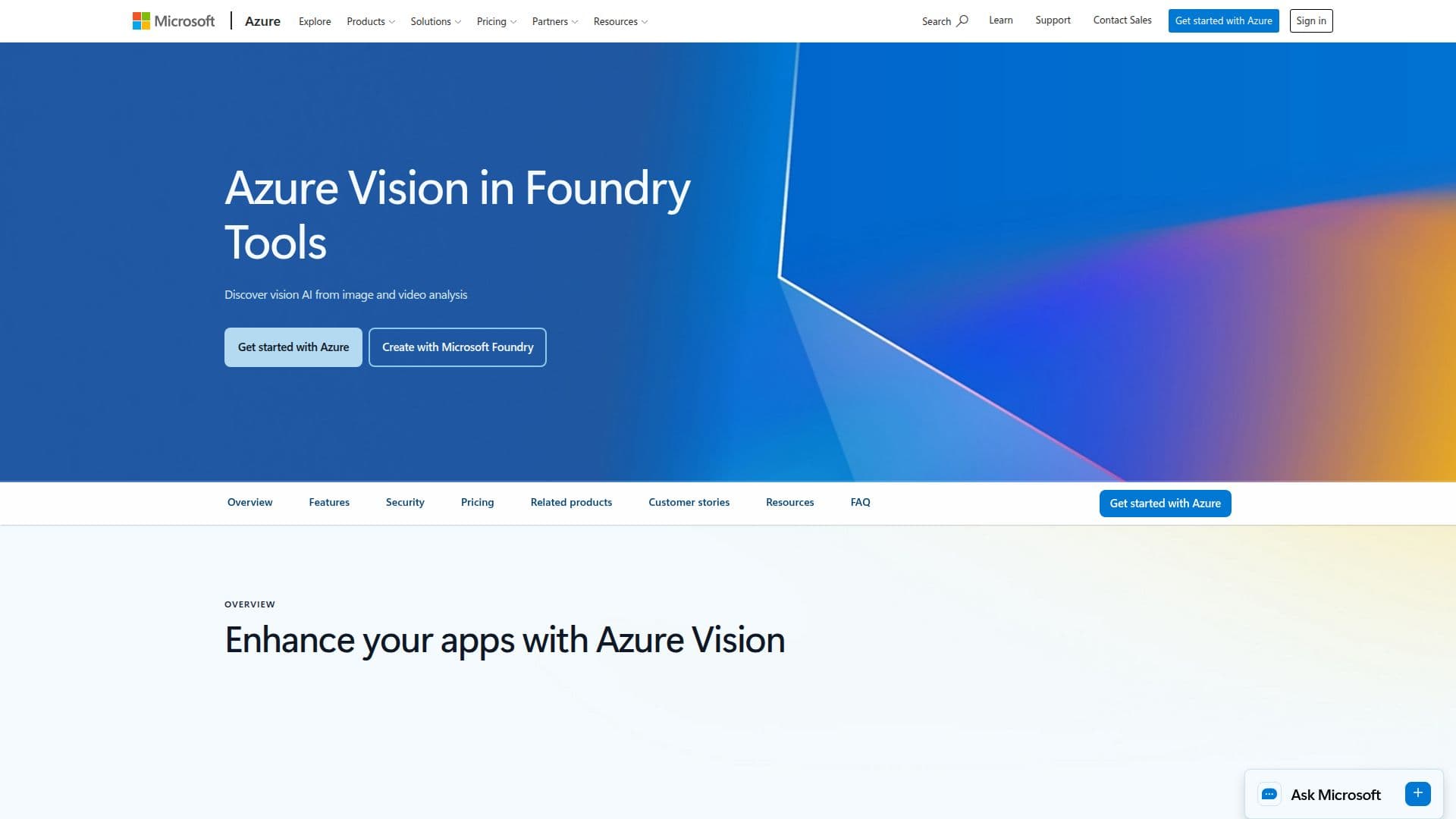 Скриншот Azure Vision в инструментах Foundry