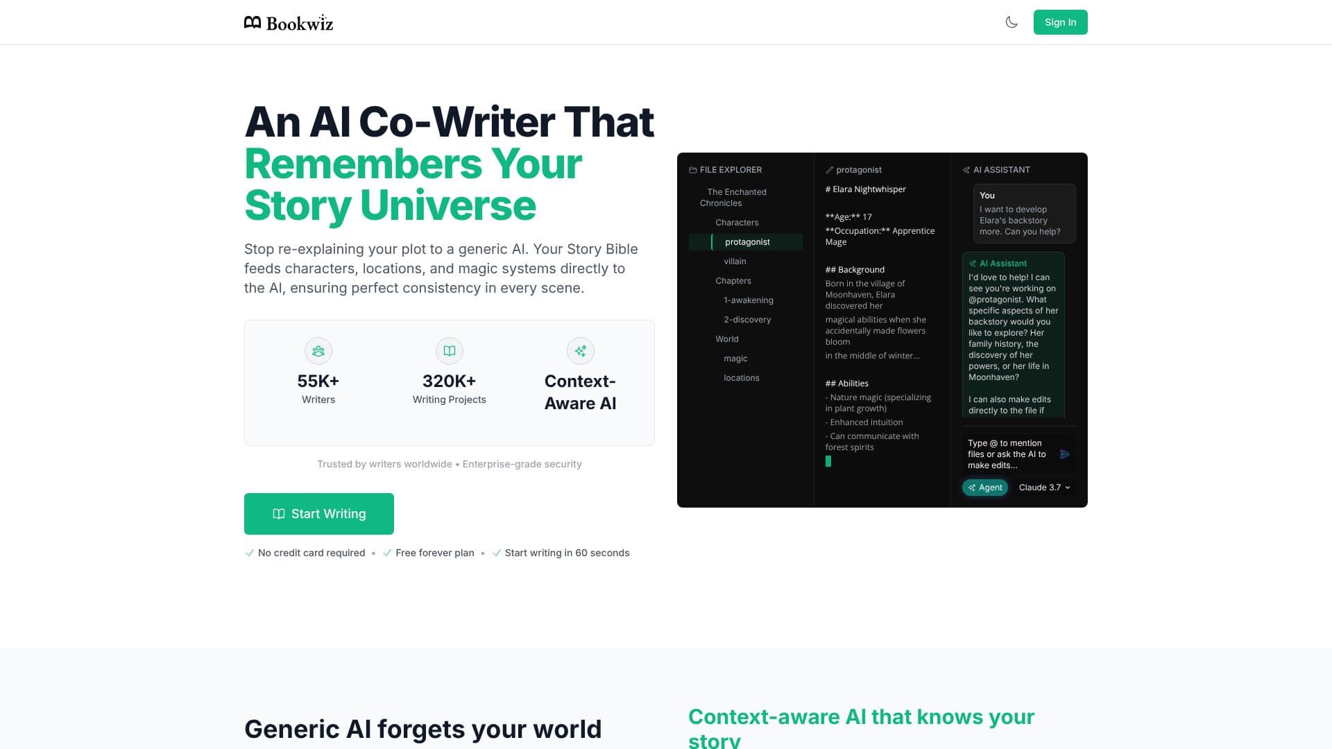 Screenshot von Bookwiz AI Schreibplattform