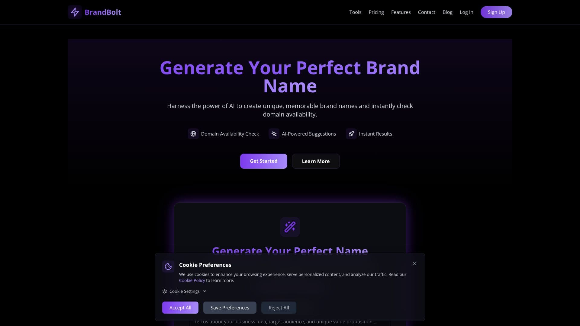 Screenshot von BrandBolt AI Business Name Generator