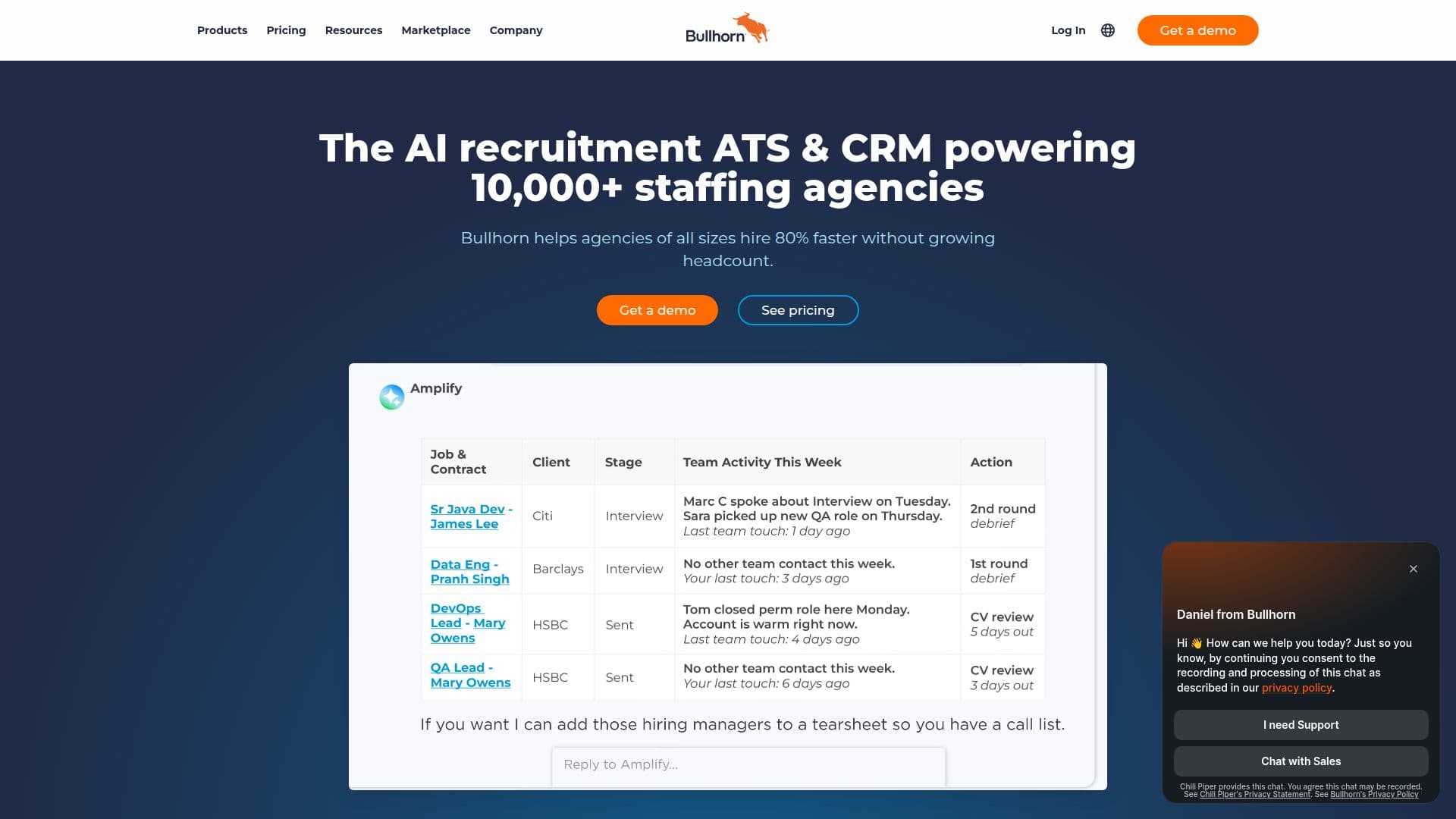 Captura de tela do Software de Recrutamento Bullhorn