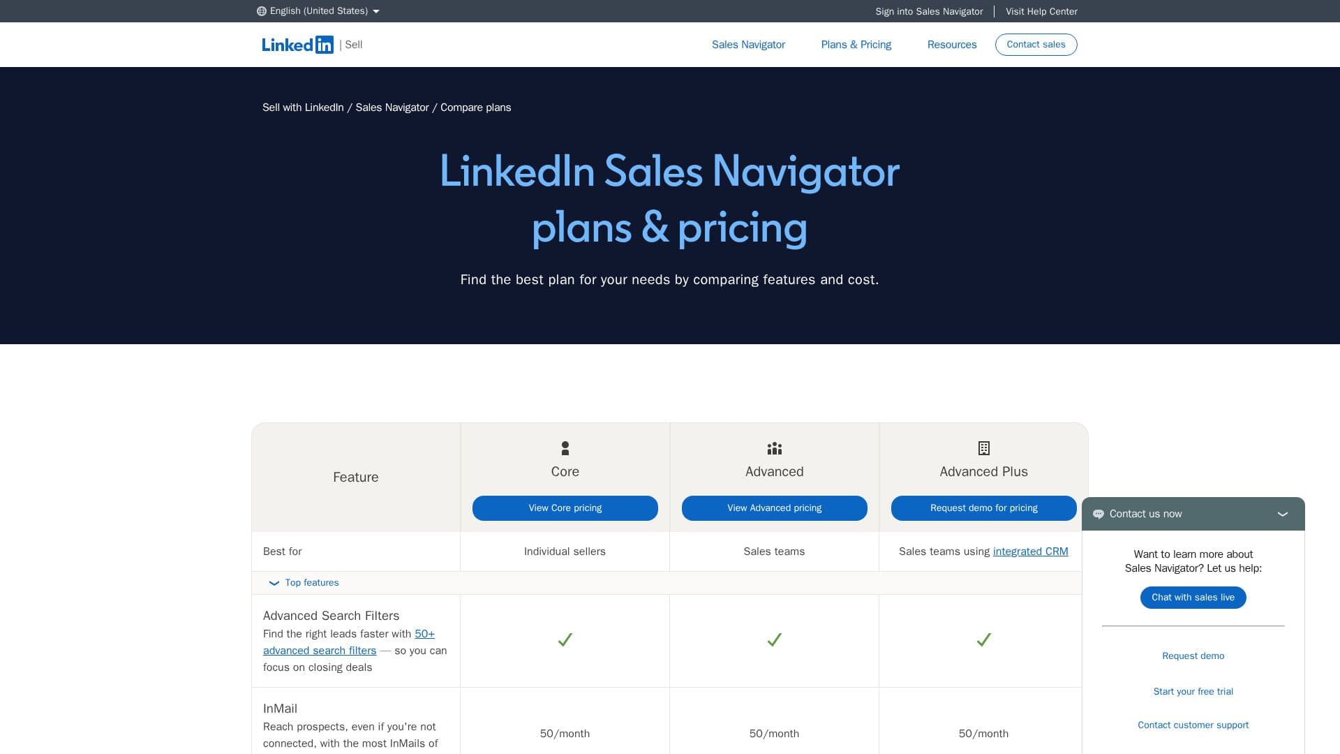 LinkedIn Sales Navigator Plans screenshot
