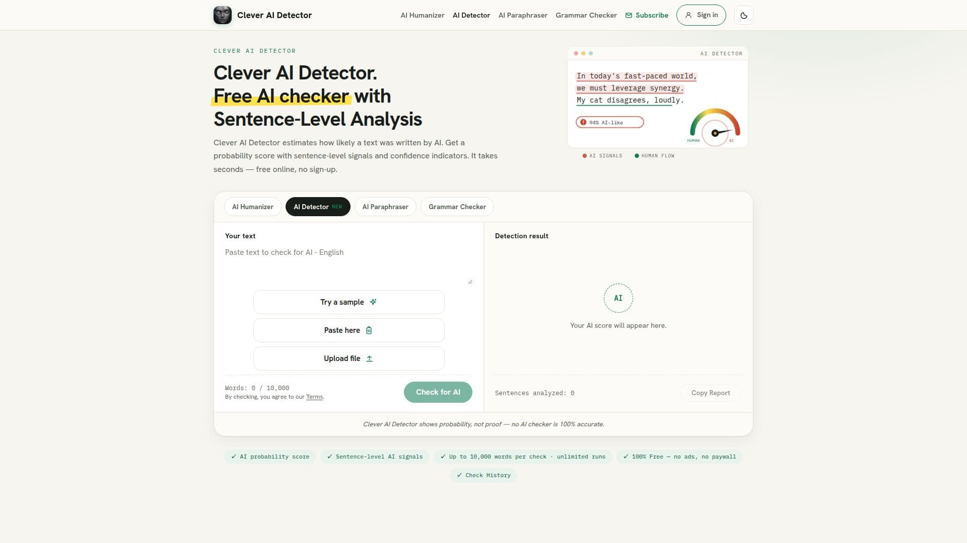 Screenshot von Clever AI Detector