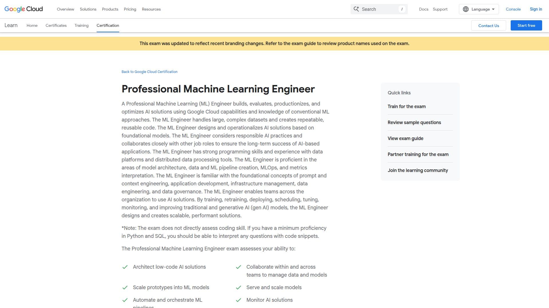 Captura de pantalla de Certificación Profesional de Ingeniero ML de Google Cloud