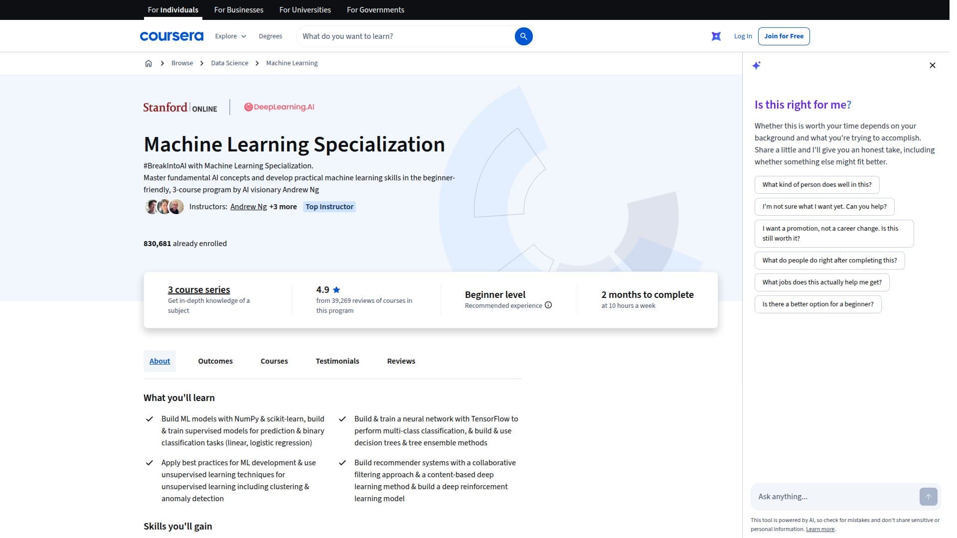 Screenshot von Machine Learning Spezialisierung | Coursera