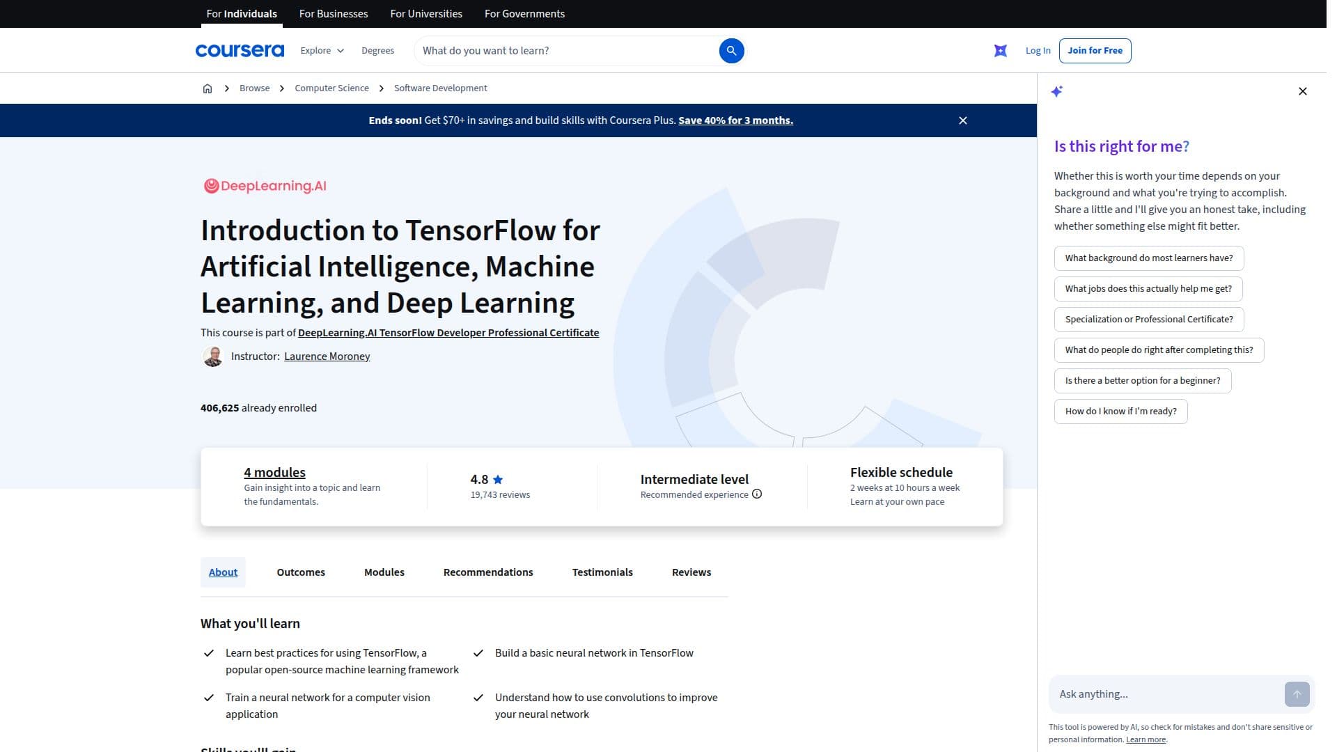Introduction to TensorFlow for AI, ML, and DL screenshot
