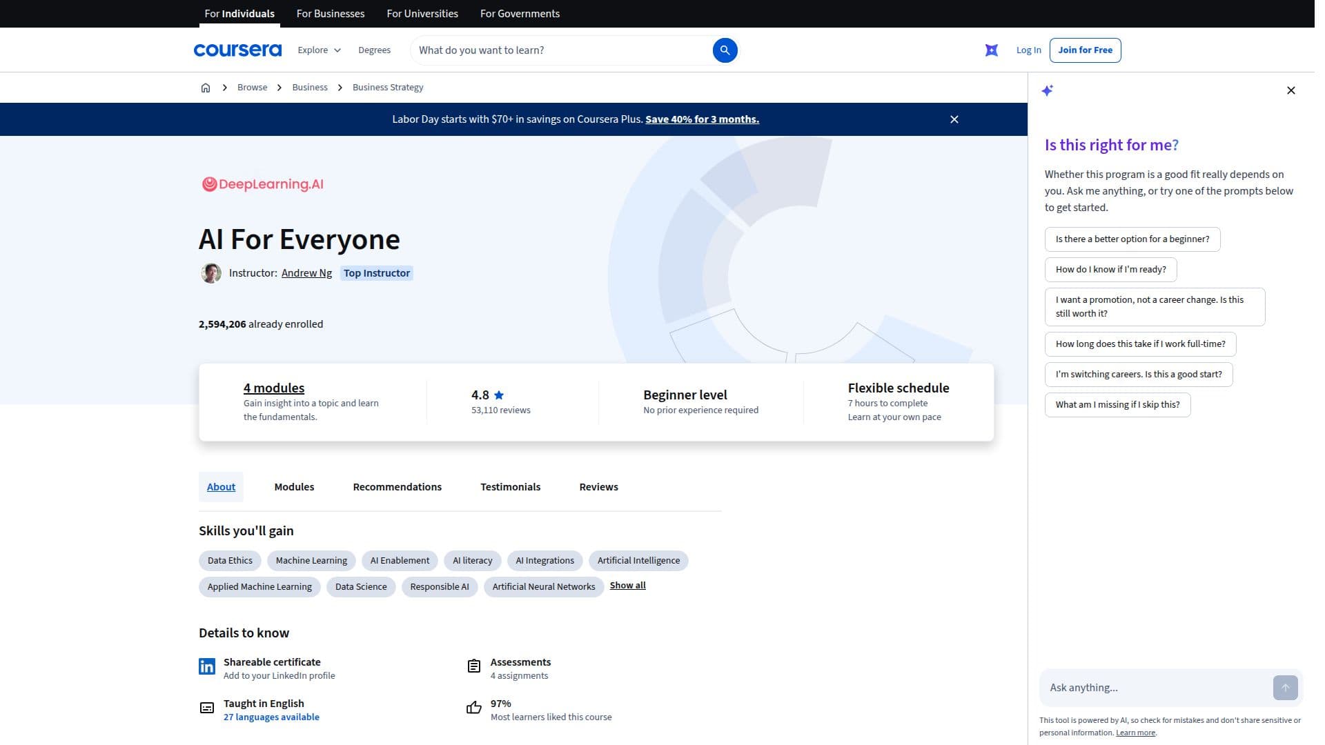 Tangkapan layar AI Untuk Semua | Coursera