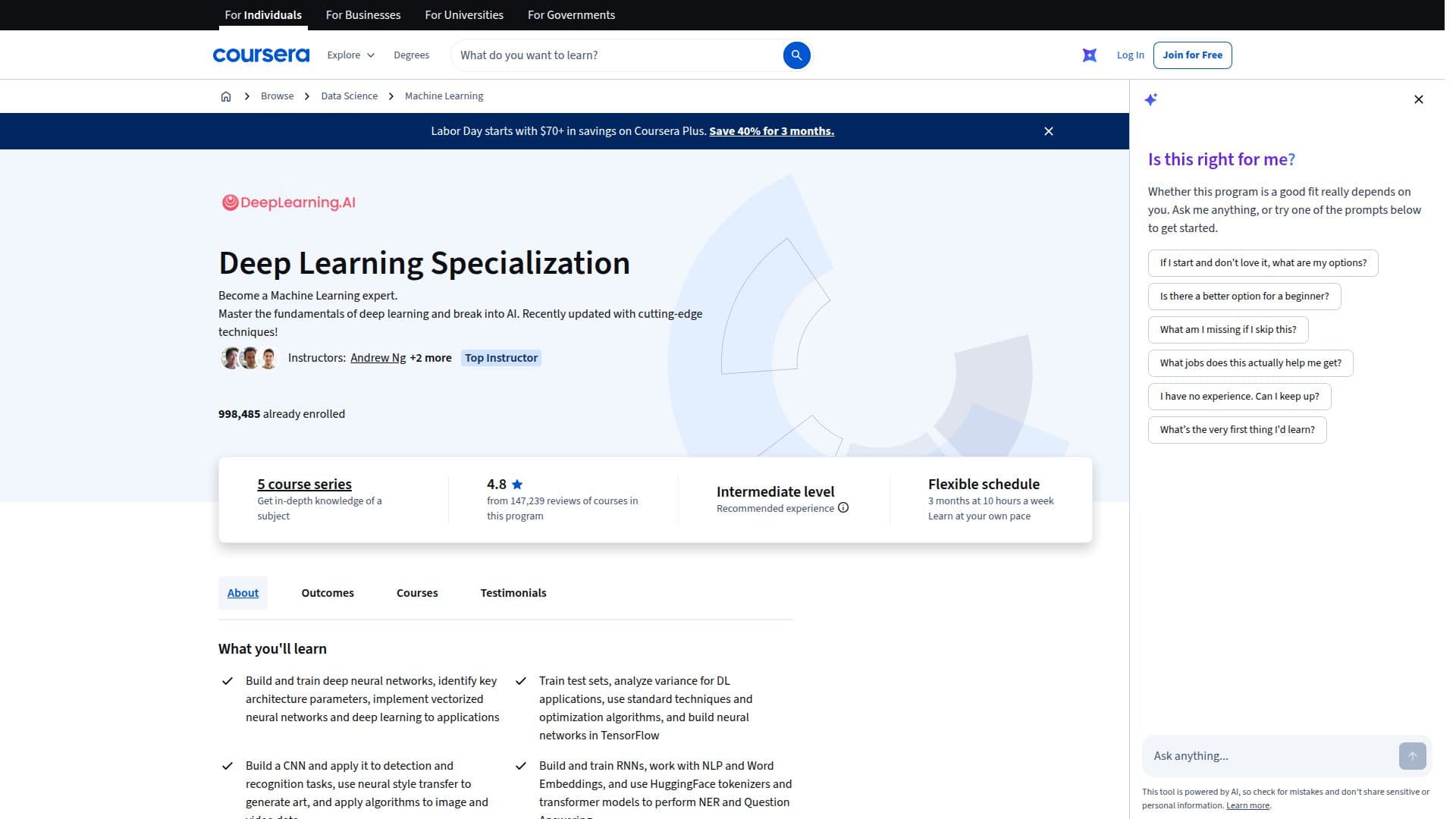 Скриншот Специализация по глубокому обучению | Coursera