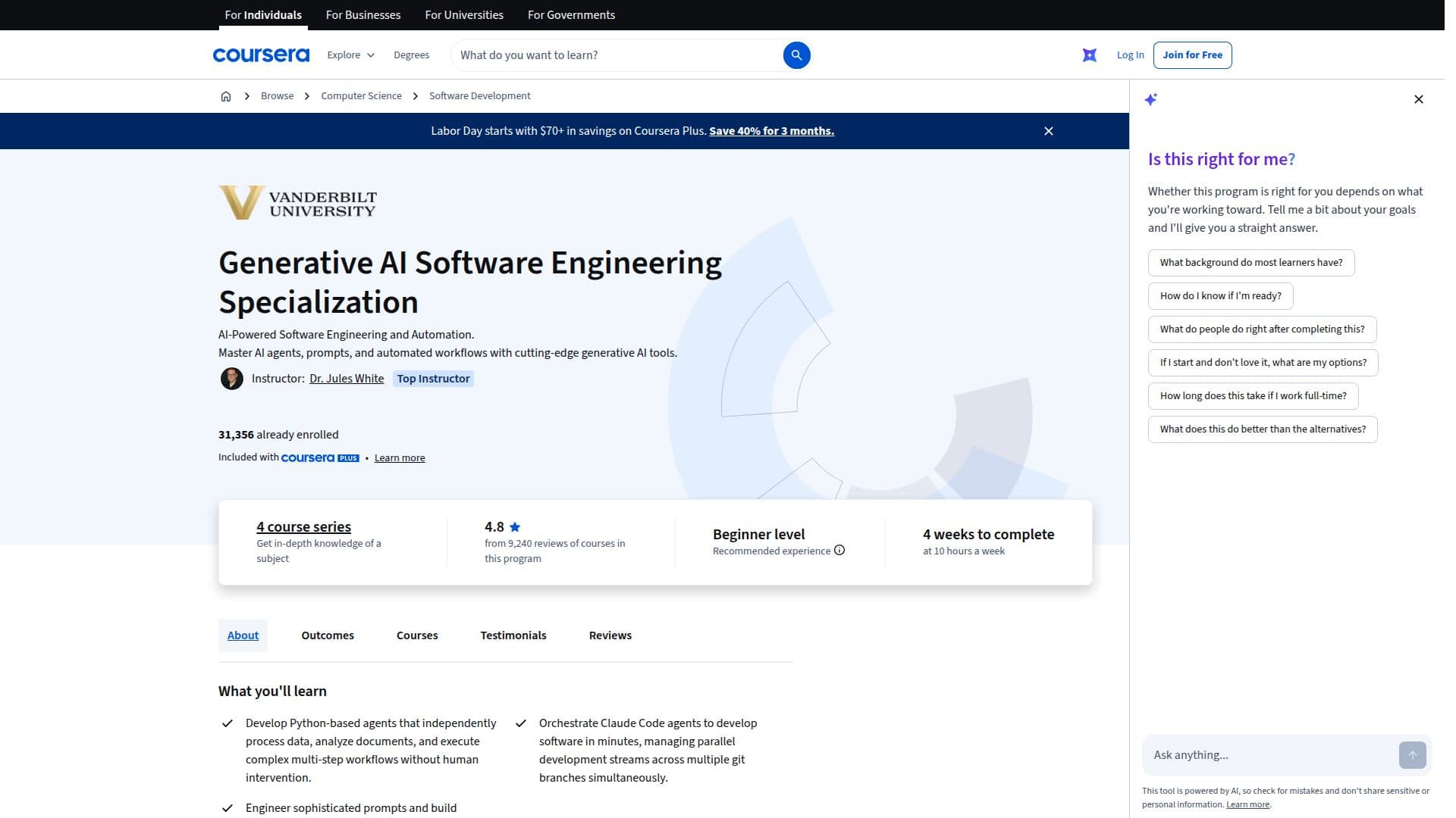 Capture d’écran de Spécialisation en Génie Logiciel IA Générative de l'Université Vanderbilt