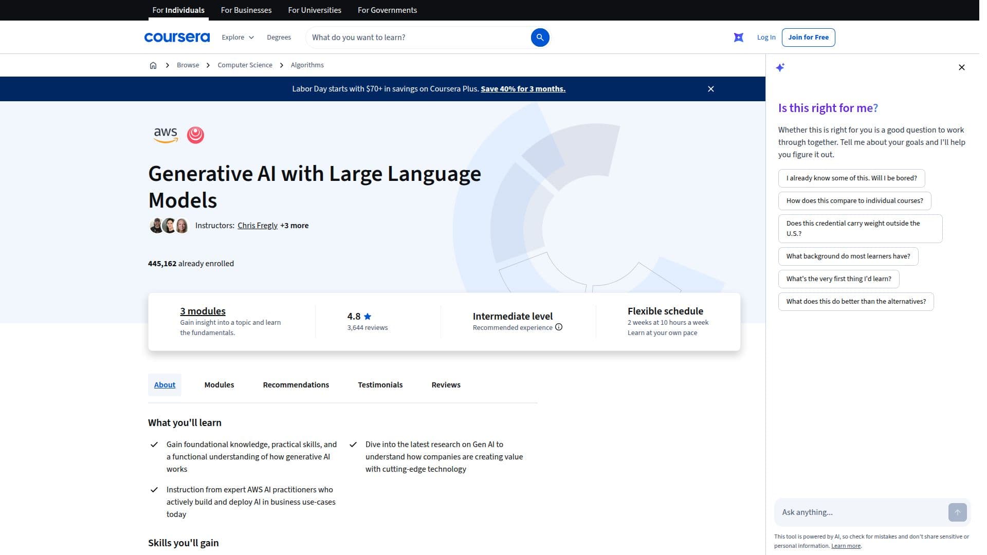 Capture d’écran de IA Générative avec des Modèles de Langage de Grande Taille | Coursera