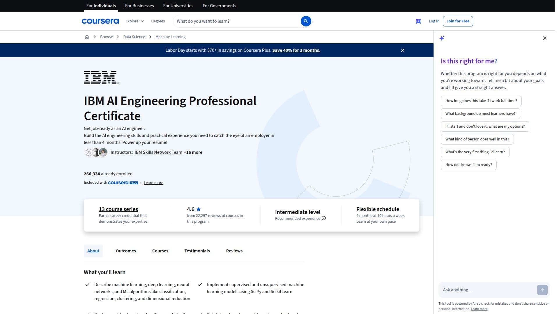 Capture d’écran de Certificat Professionnel en Ingénierie de l'IA IBM | Coursera