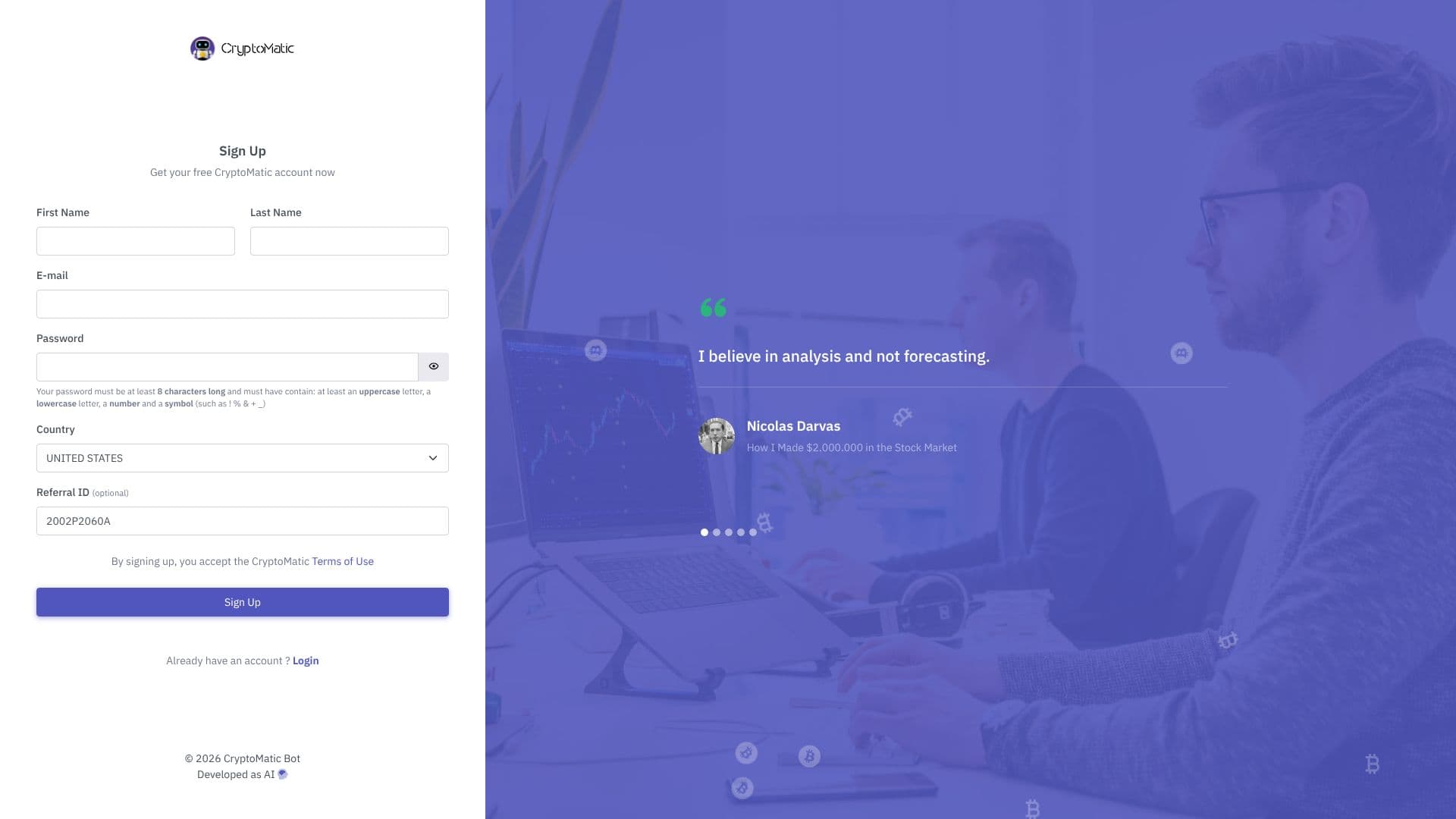Tangkapan layar Panel Pedagang Bot CryptoMatic