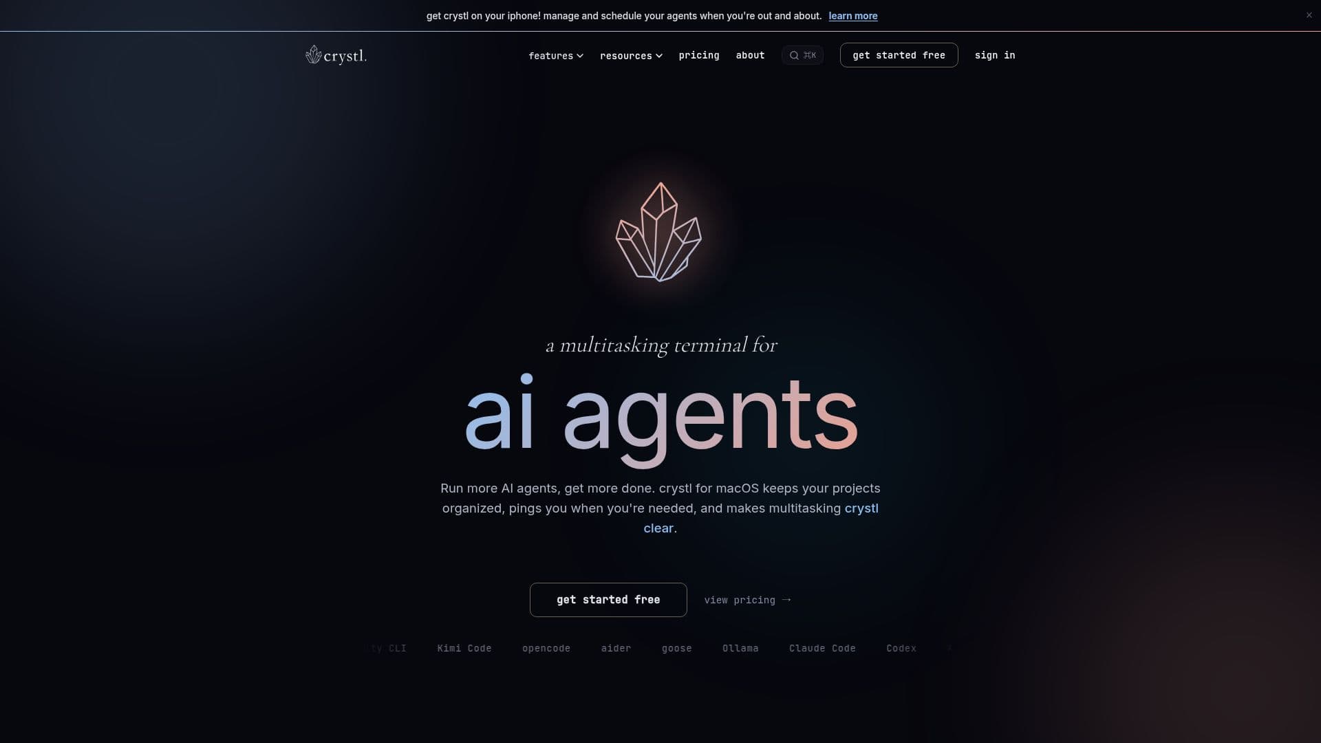 Captura de pantalla de crystl: un terminal multitarea para agentes de codificación AI