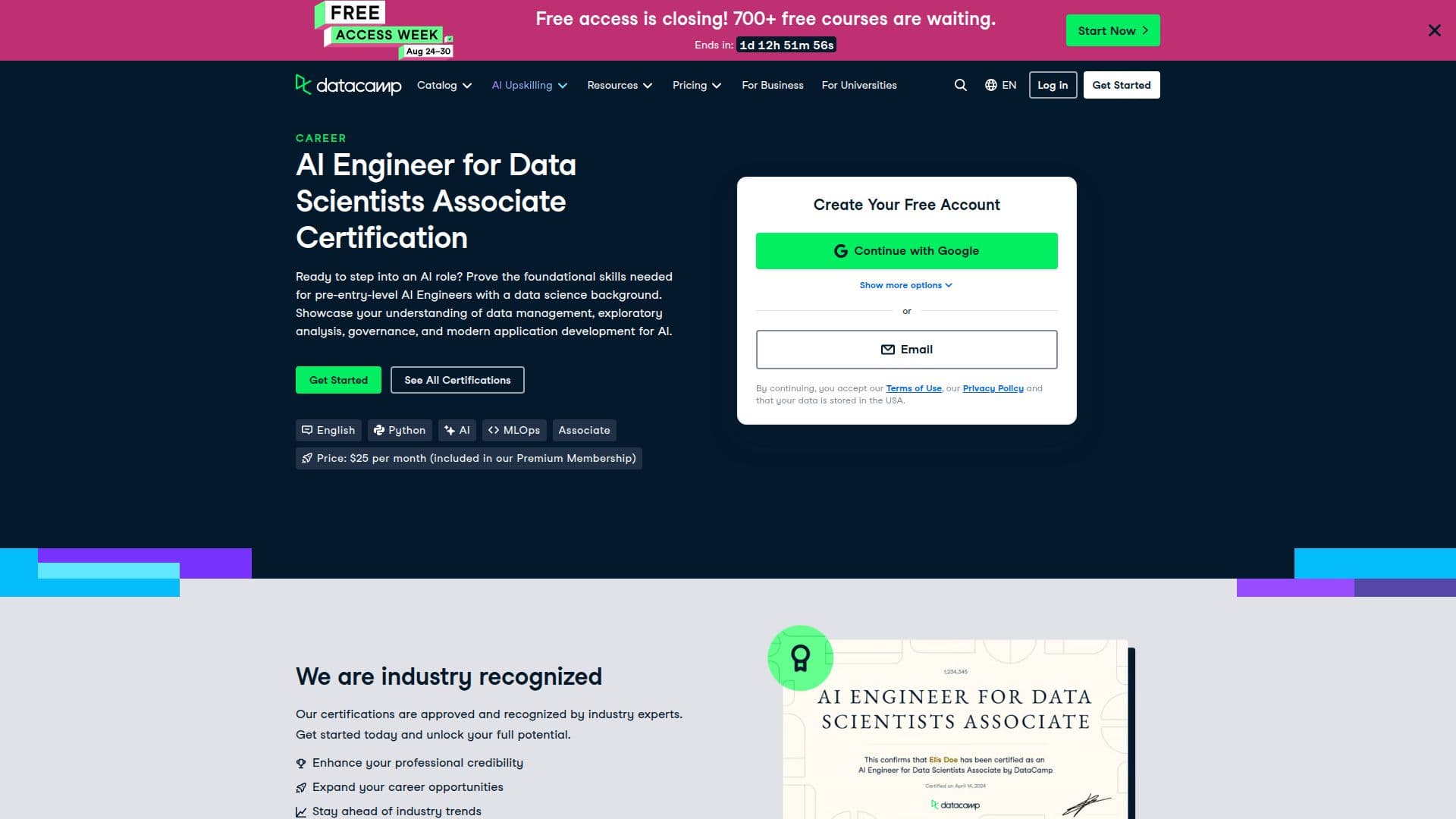 AI Engineer for Data Scientists Associate Certification screenshot