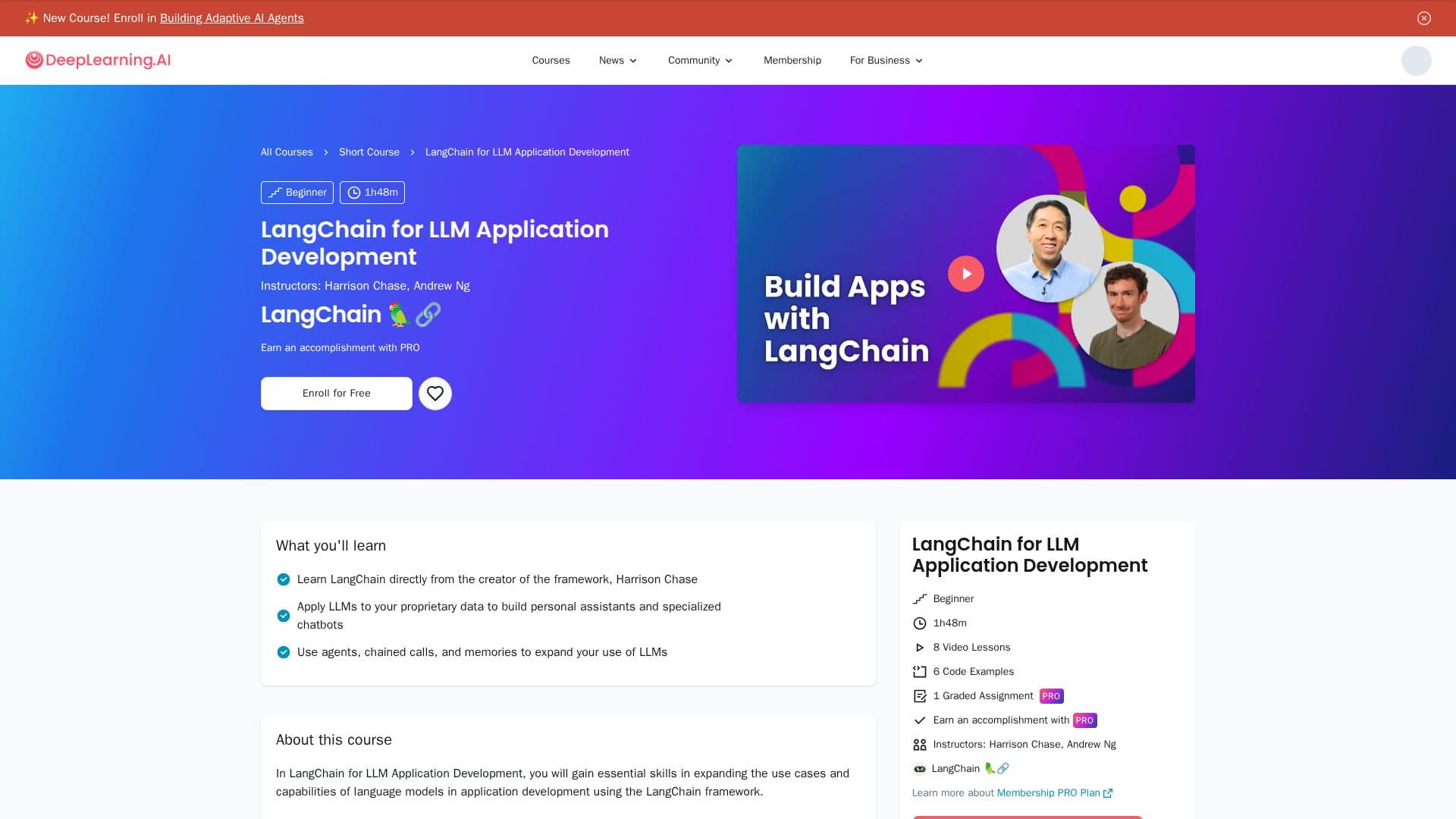 LangChain for LLM Application Development screenshot