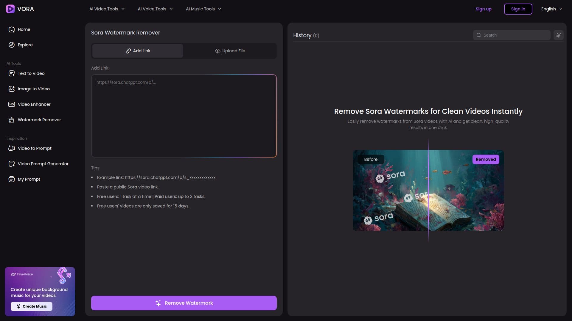 Tangkapan layar Fineshare Sora Watermark Remover