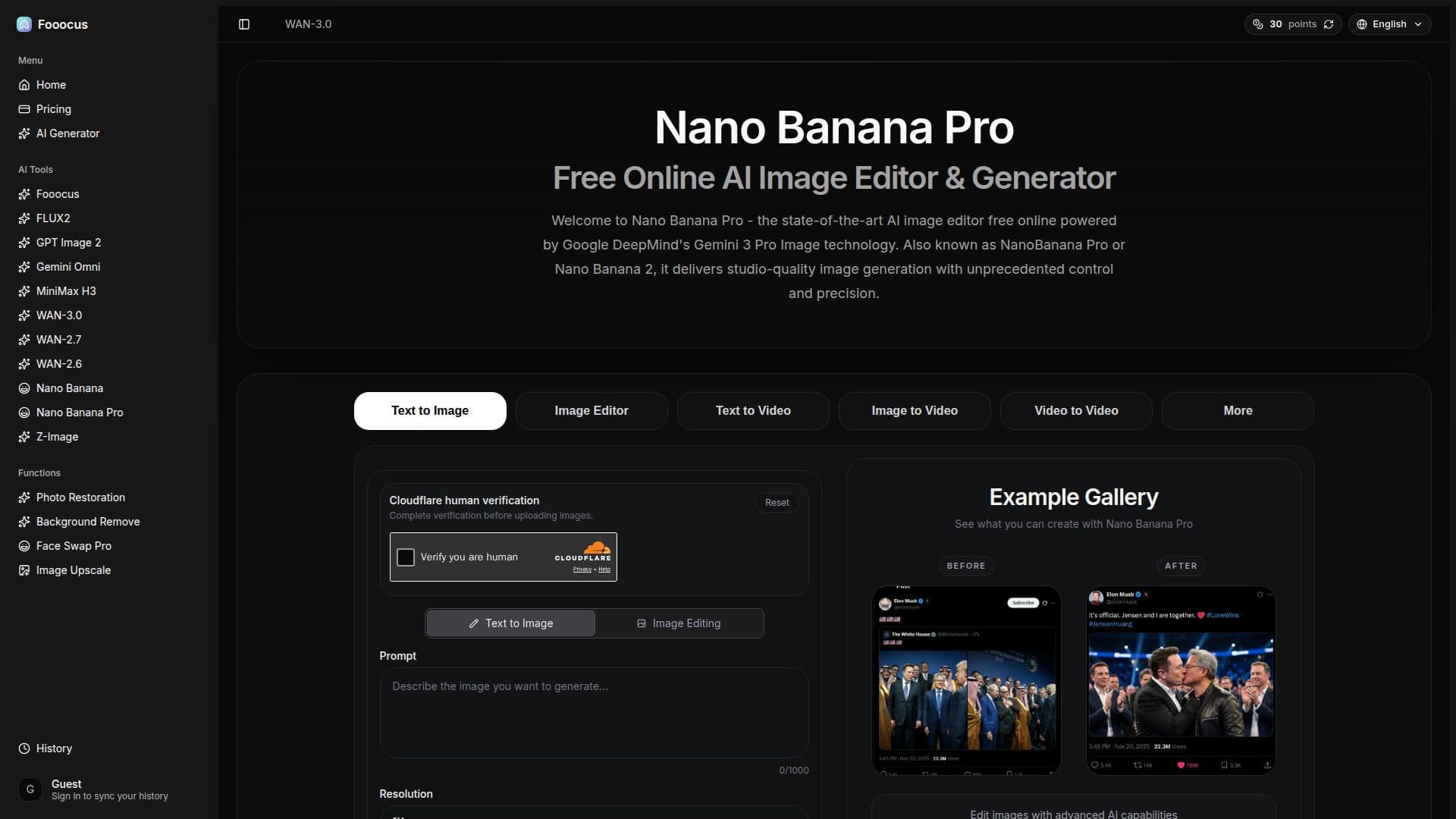 Tangkapan layar Nano Banana Pro (Fooocus.one)