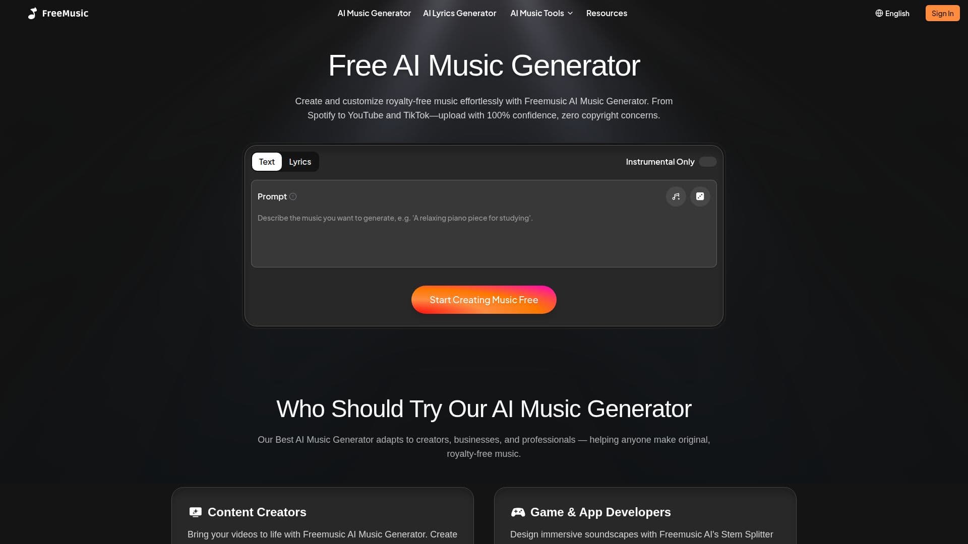 Screenshot von FreeMusic AI