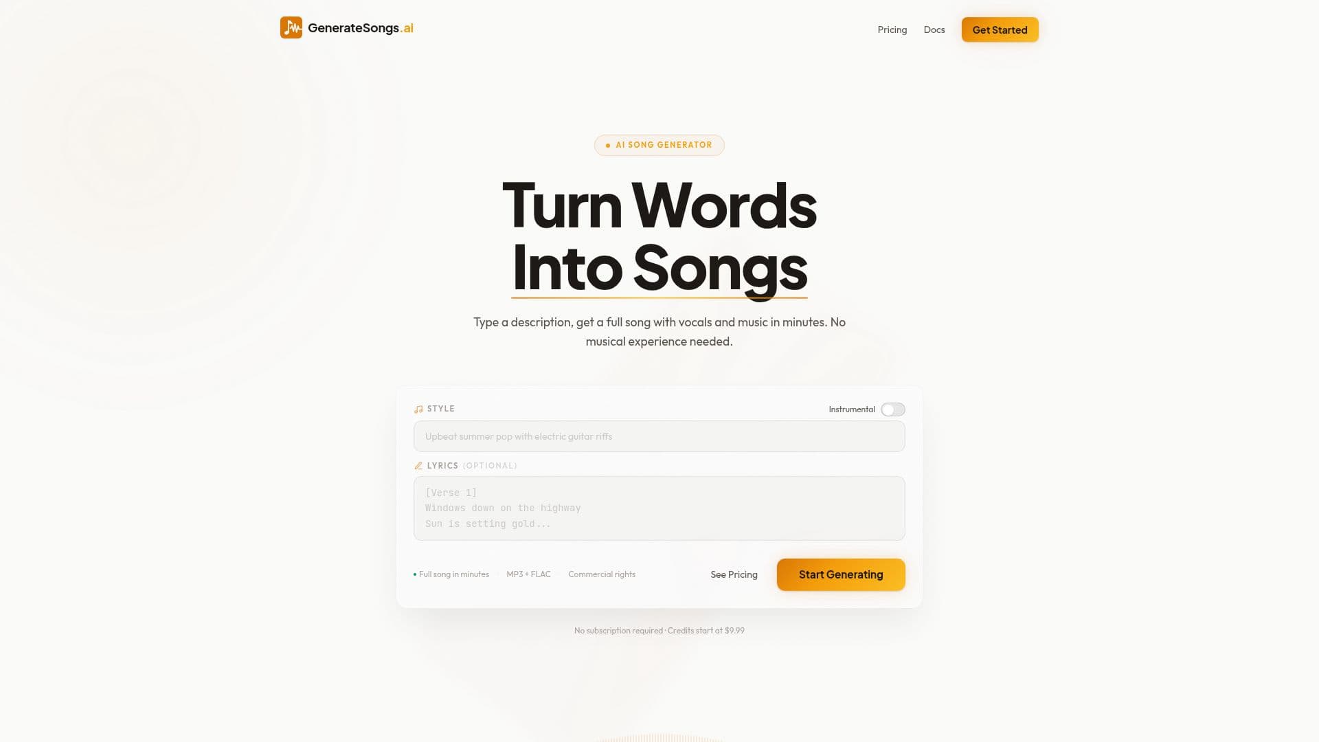 GenerateSongs.ai screenshot