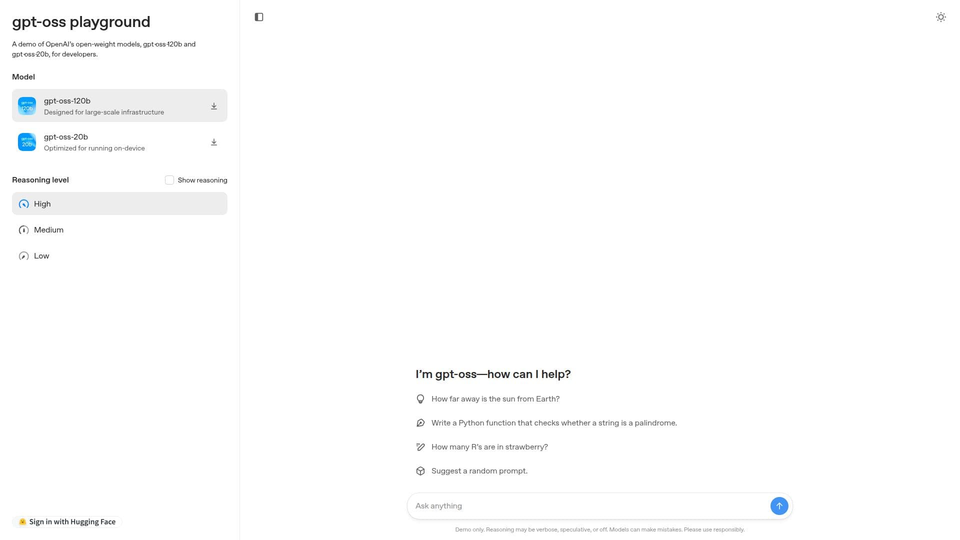 gpt-oss playground screenshot
