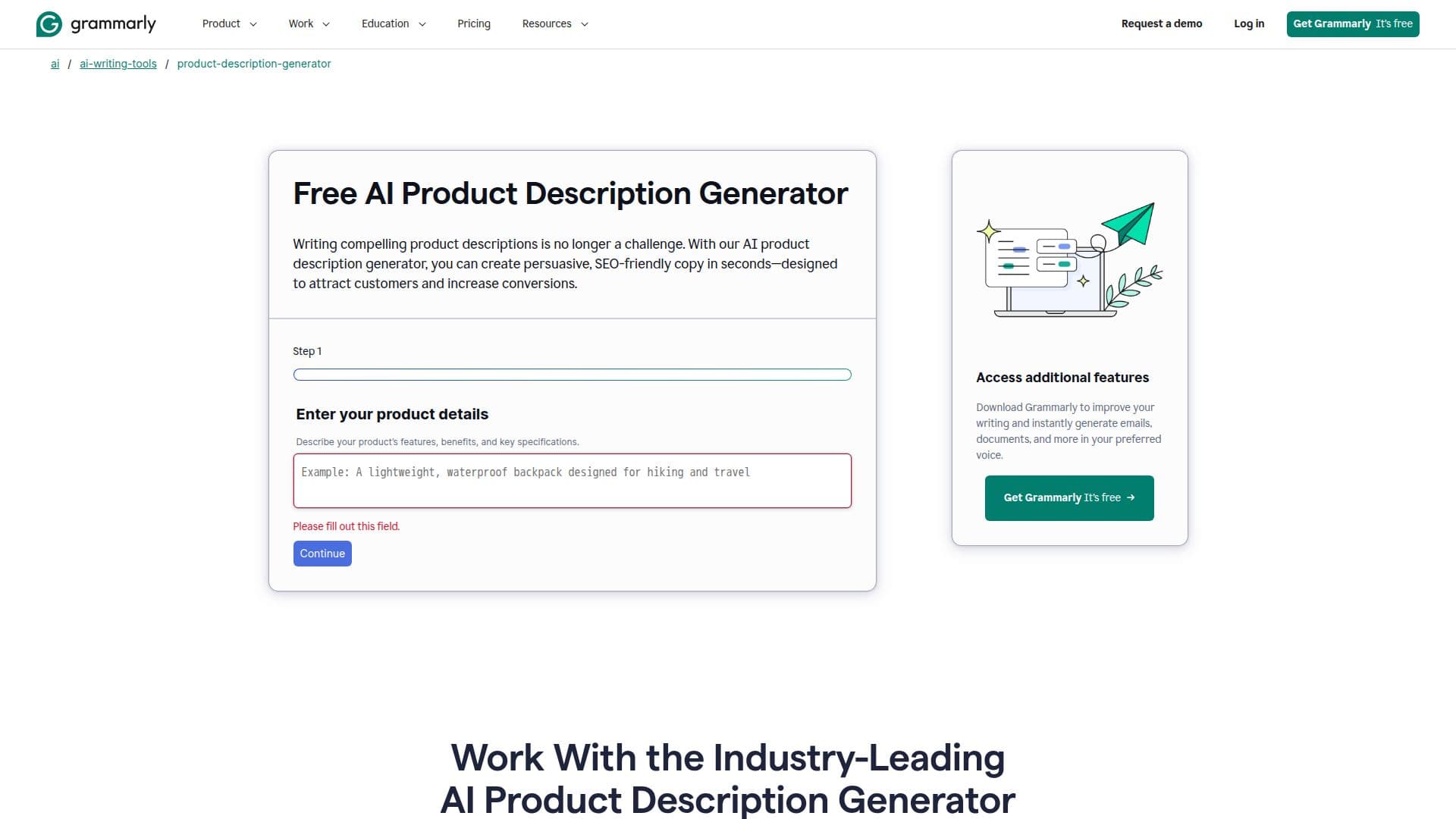 Grammarly Product Description Generator のスクリーンショット