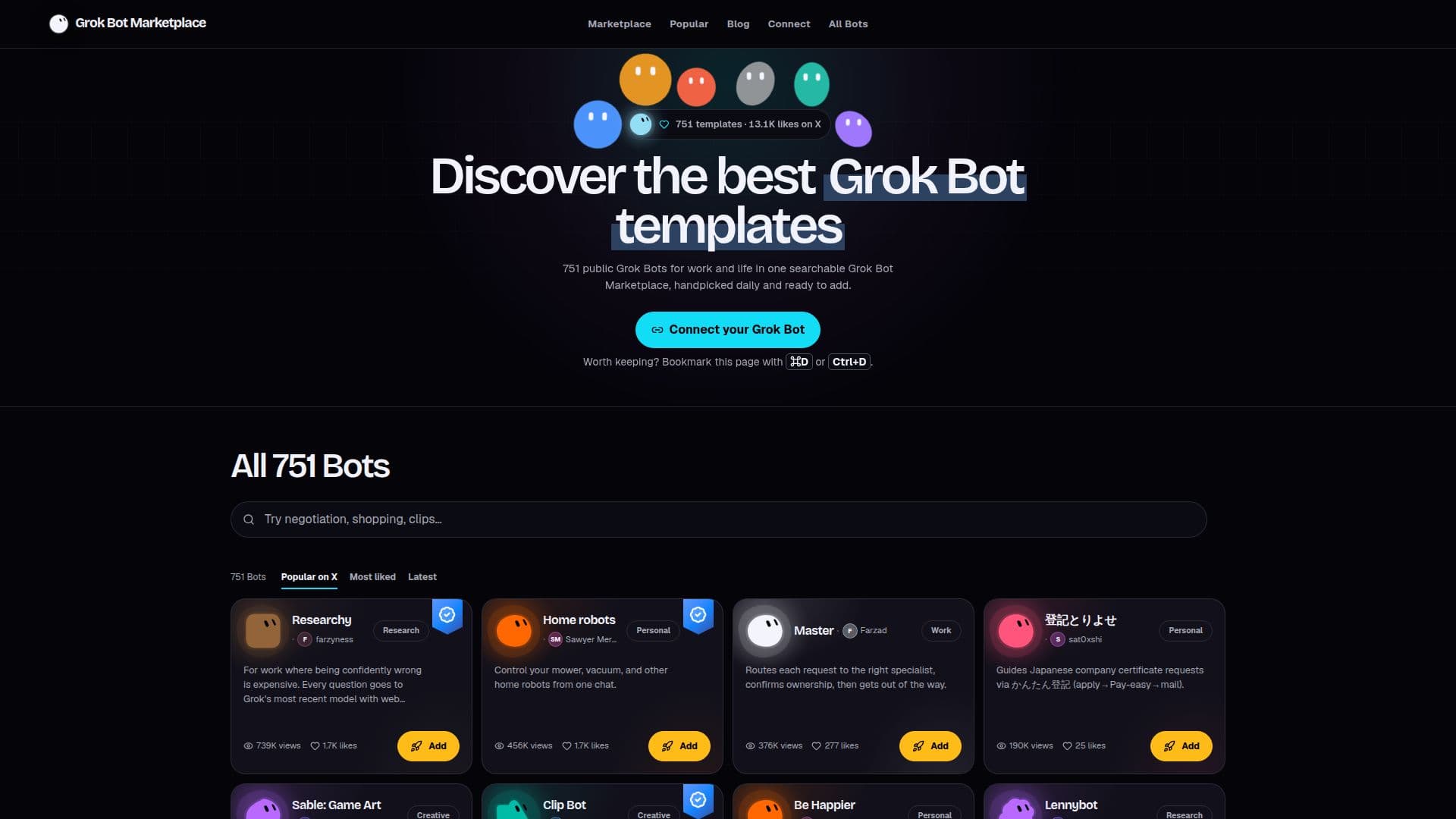 Captura de pantalla de Mercado de Bots Grok