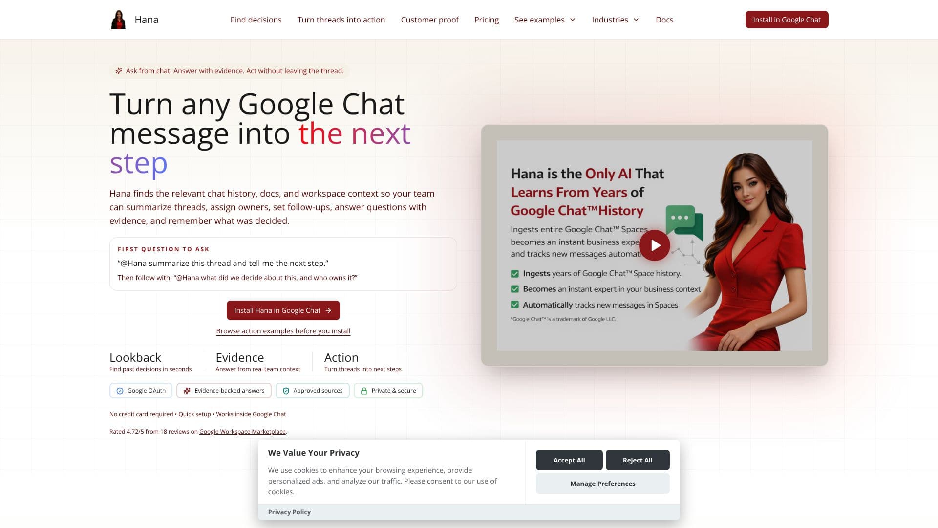 Hana | Google Chat AI screenshot