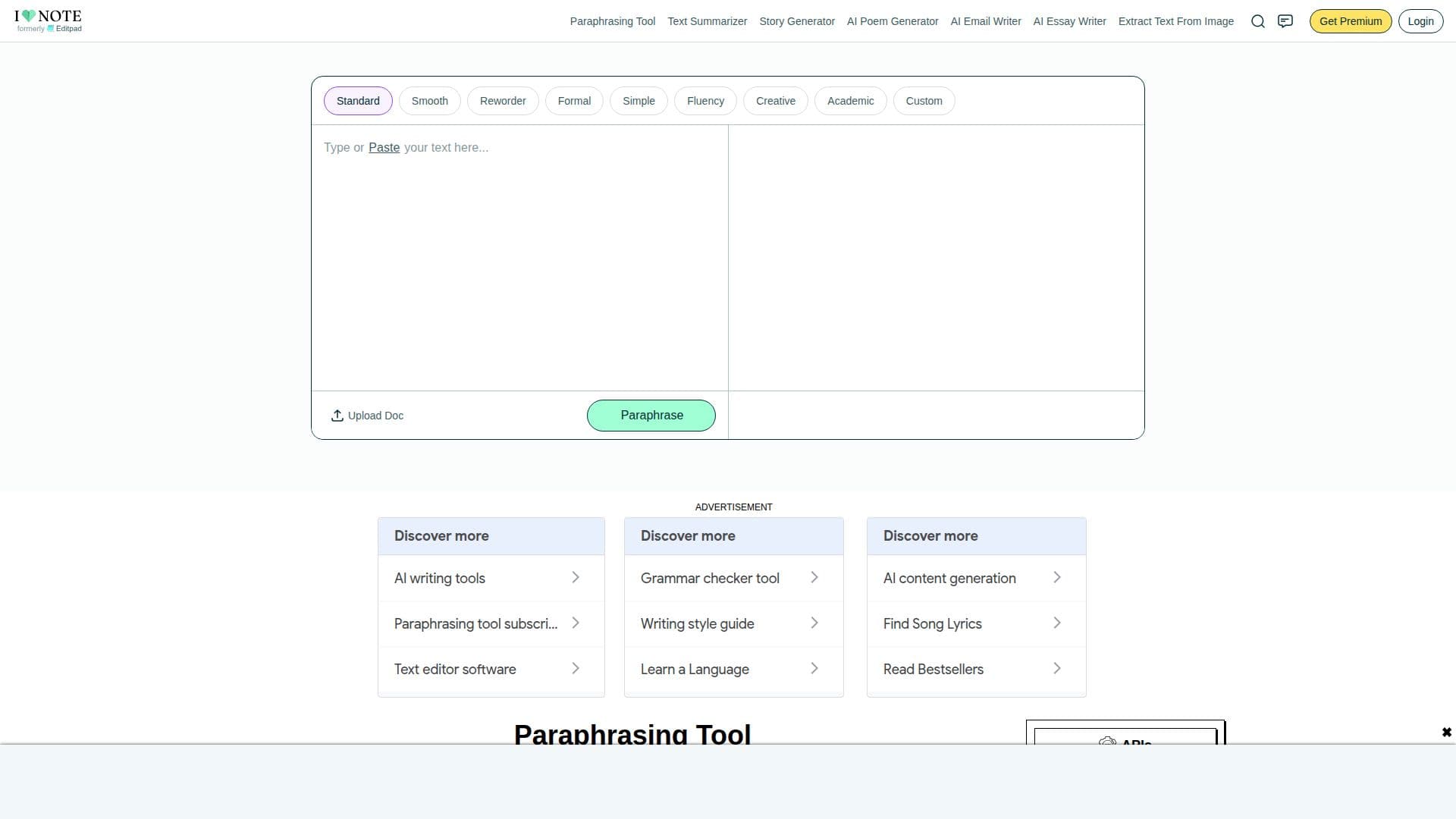 Screenshot von iLoveNote Paraphrasing Tool