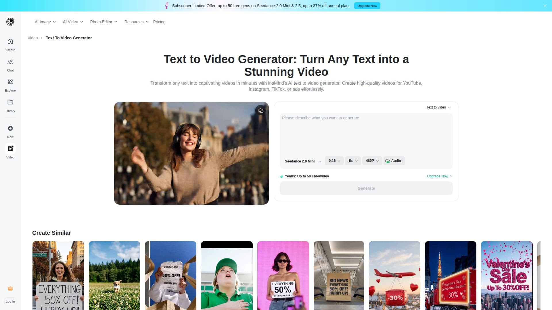 Tangkapan layar insMind Text to Video Generator