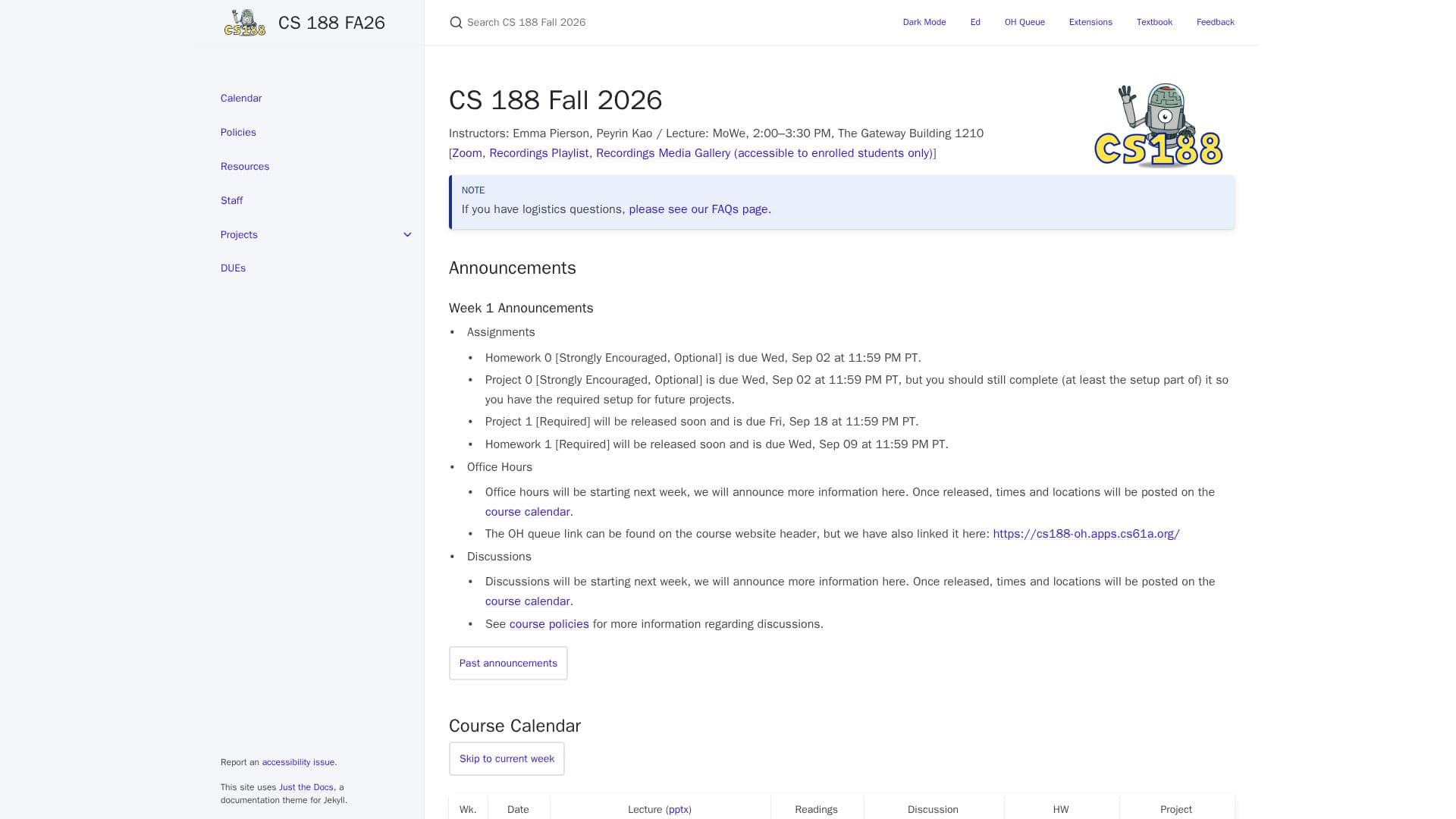 Capture d’écran de CS 188 : Introduction à l'intelligence artificielle — Aperçu du cours