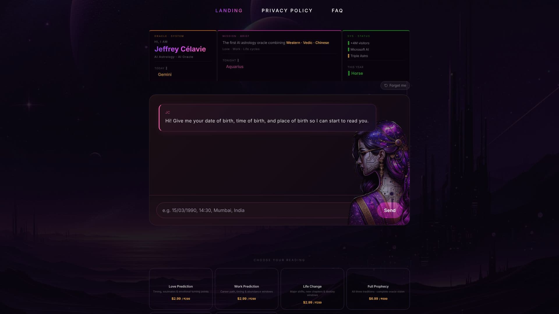 Screenshot von Jeffrey Célavie AI Astrologie Orakel