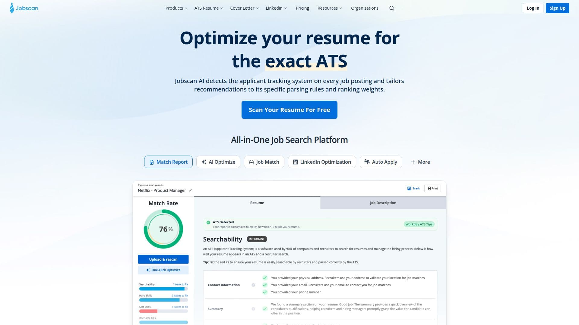 Jobscan ATS 이력서 검사기 스크린샷