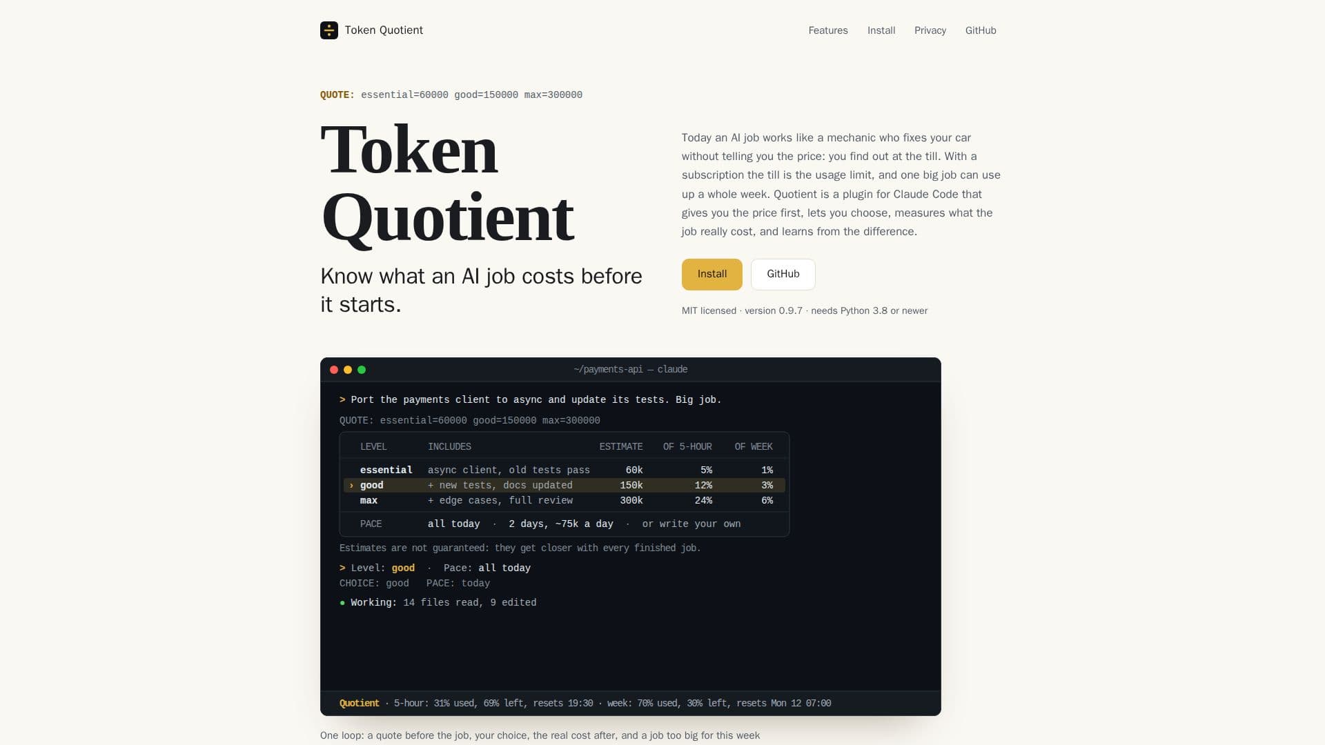 Screenshot von Token Quotient