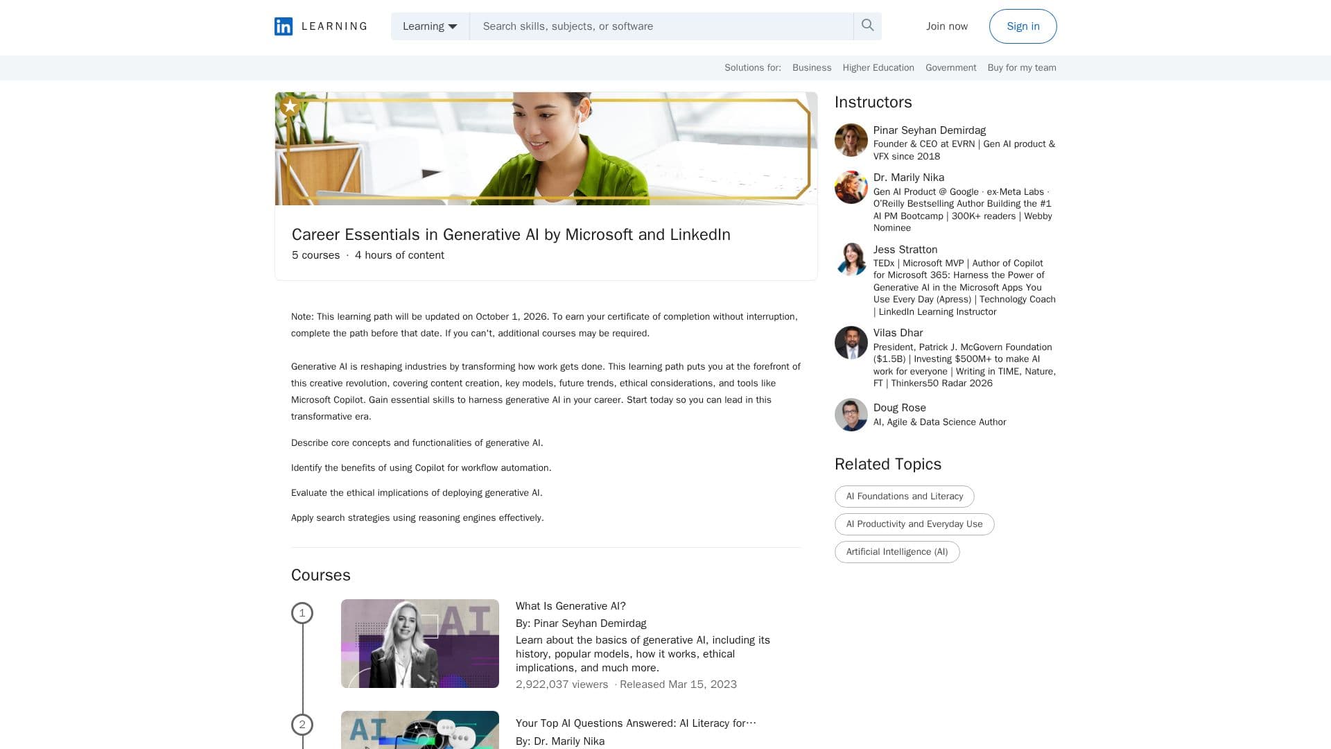 Скриншот LinkedIn Learning: Основы карьеры в генеративном ИИ