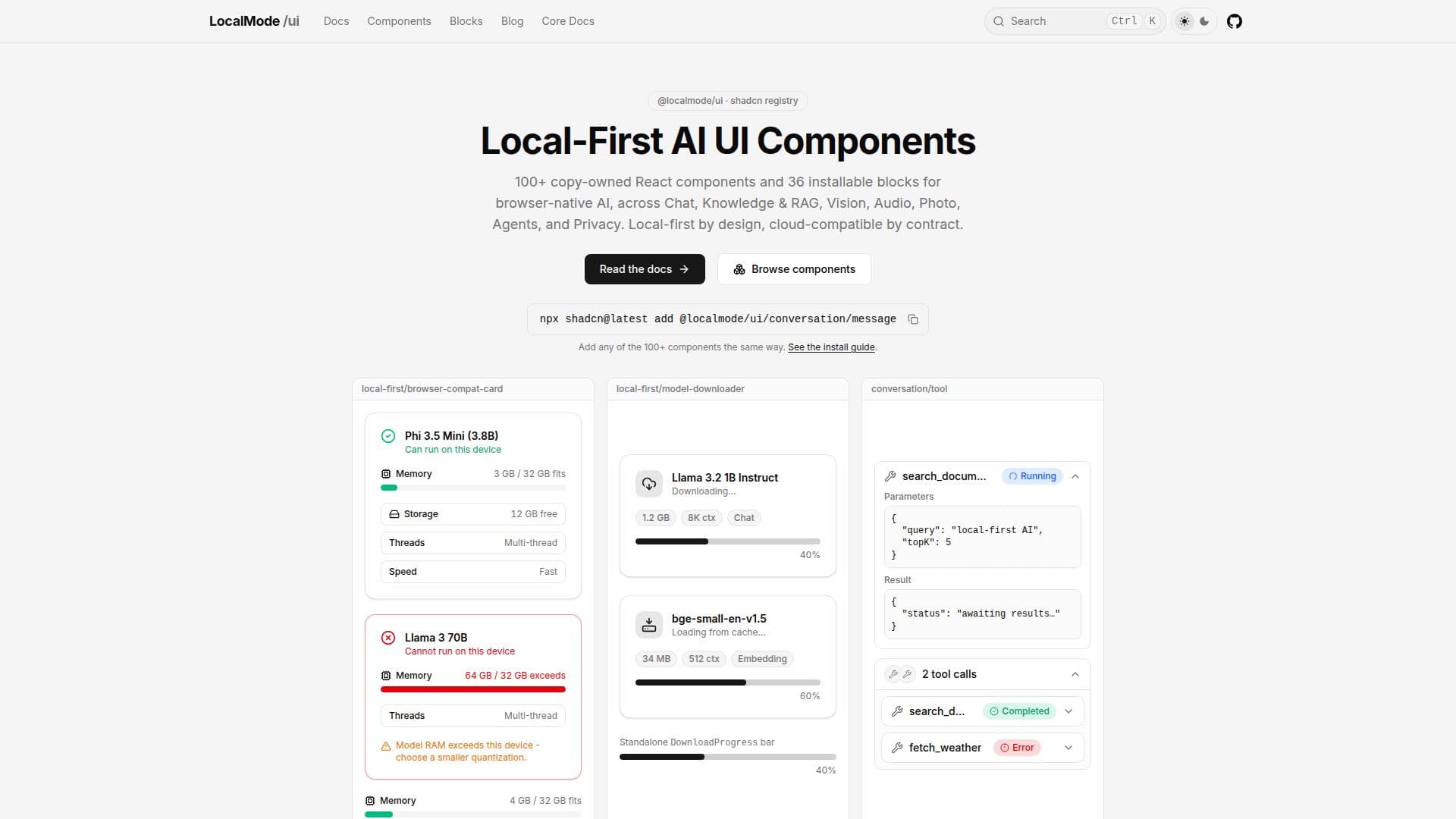 Captura de tela do LocalMode UI - Componentes de IA Local-First