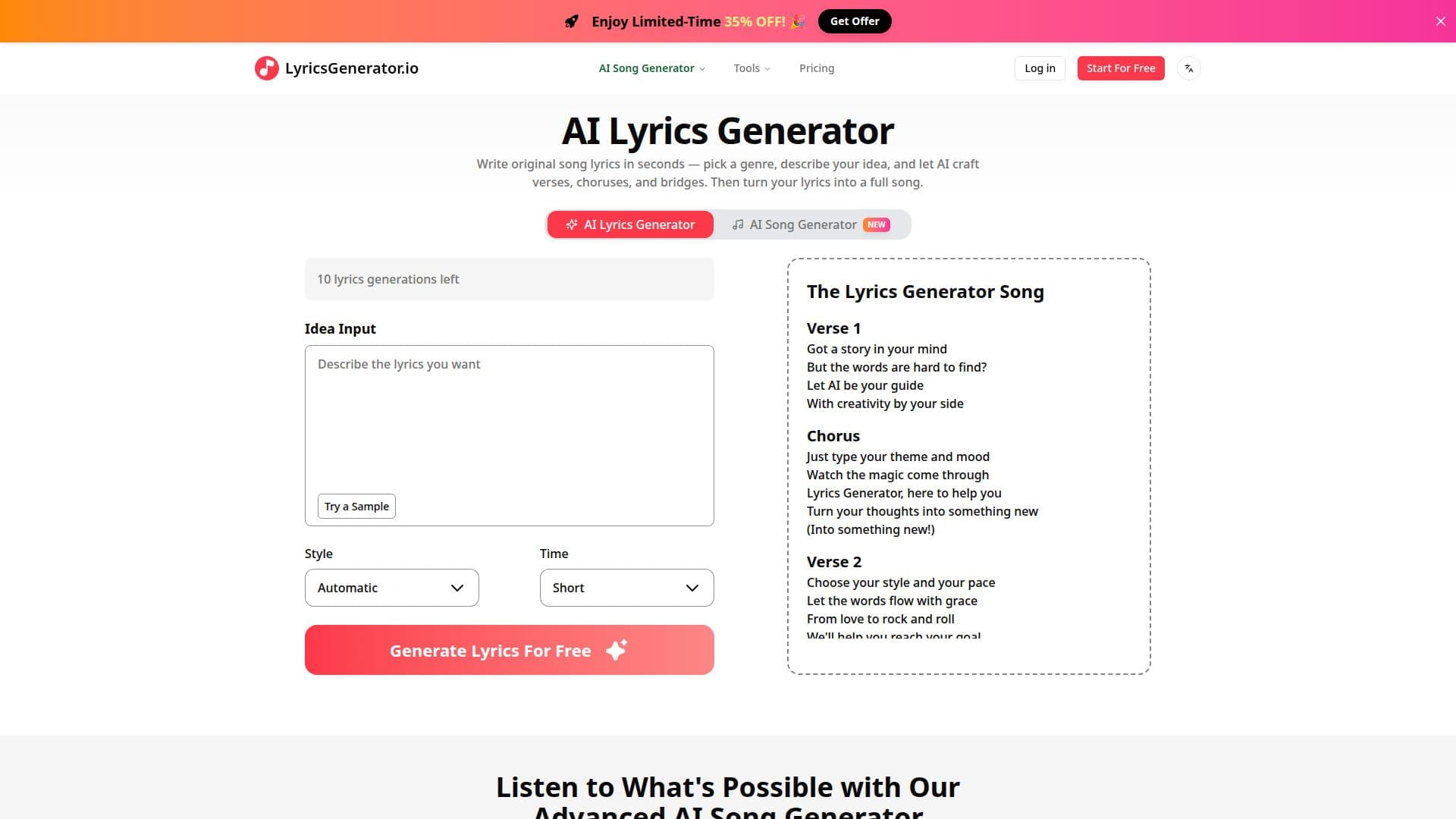 لقطة شاشة لـ LyricsGenerator.io
