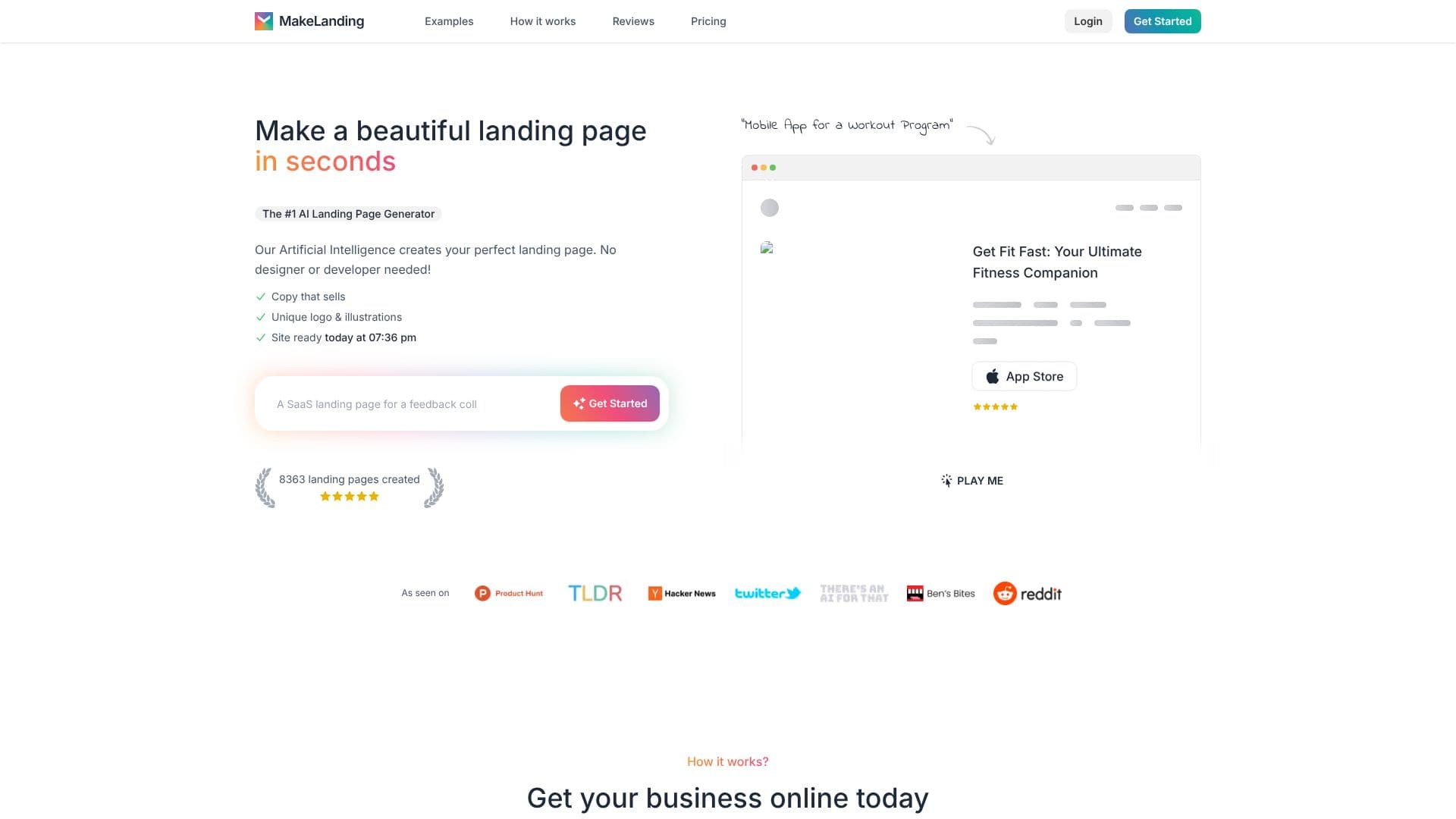 Tangkapan layar Makelanding AI Landing Page Generator