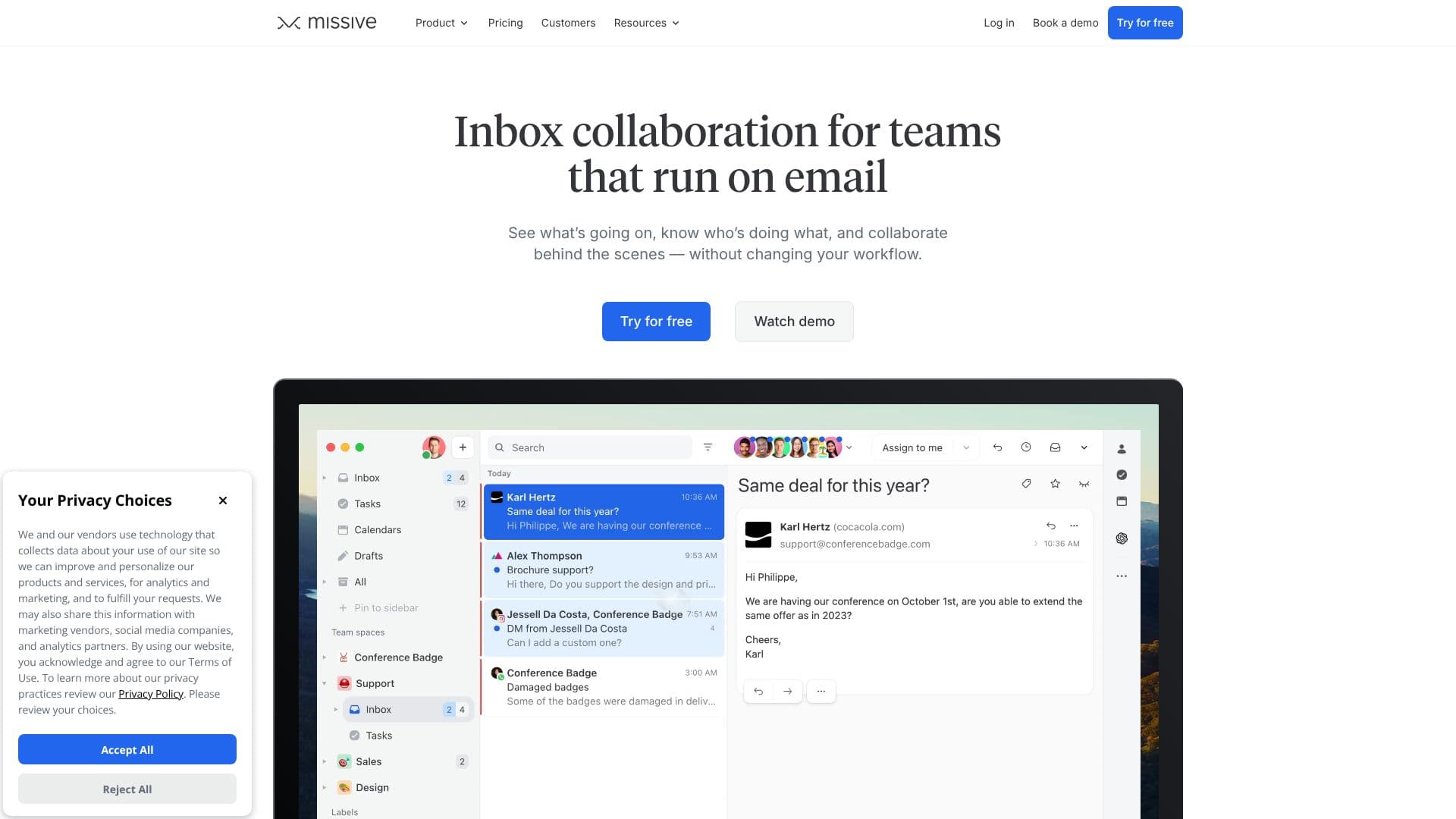 Скриншот Missive · Совместная работа над почтой
