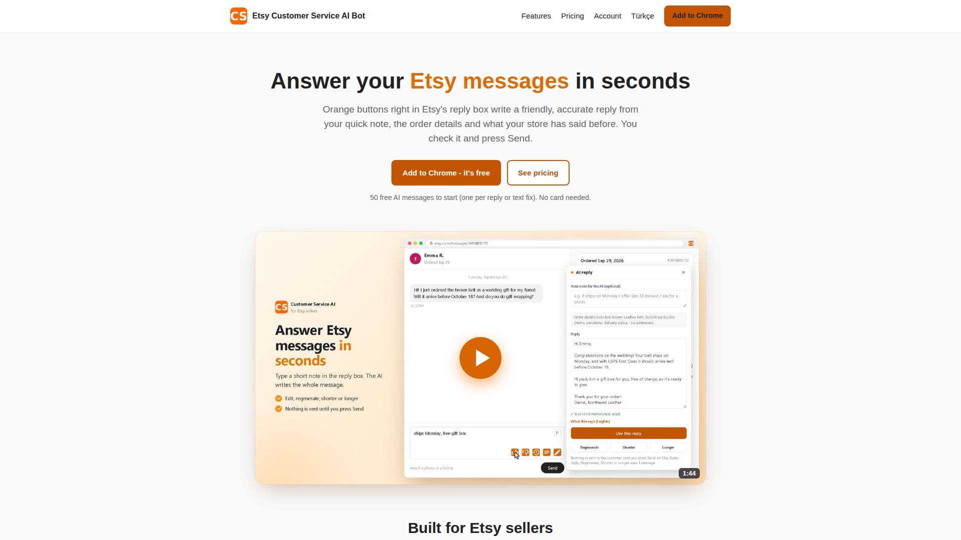 Capture d’écran de Etsy Customer Service AI Bot
