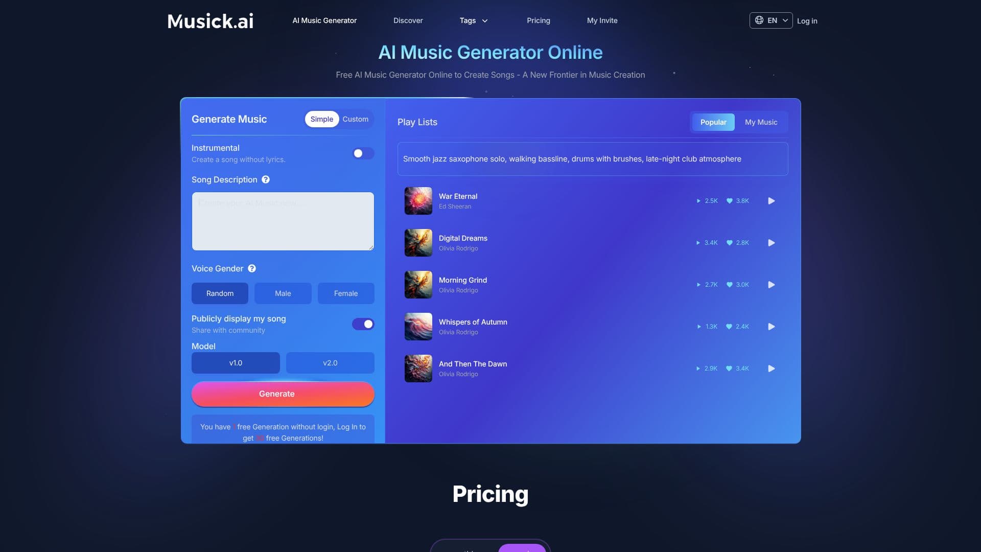 Tangkapan layar Musick.ai Generator Musik AI