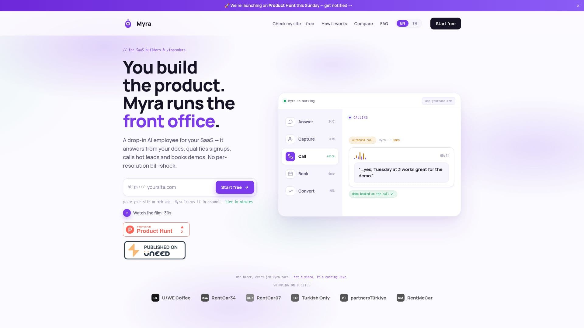 Screenshot von Myra — AI Chat Assistant for Small Businesses