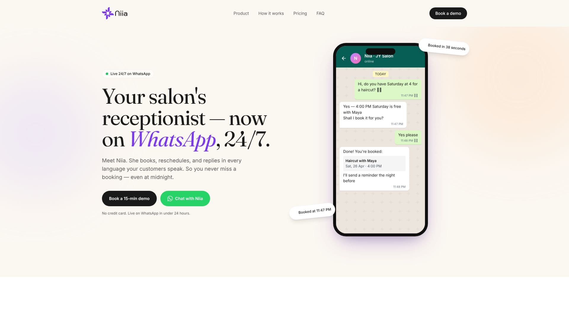 Capture d’écran de Niia AI Réceptionniste