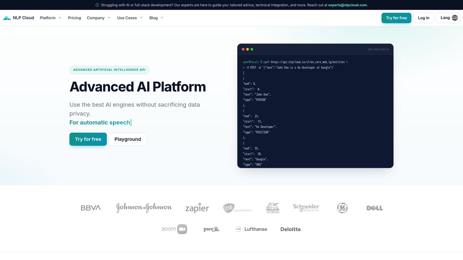 Screenshot von NLP Cloud