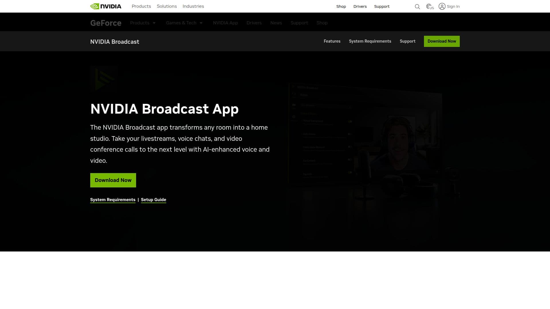 لقطة شاشة لـ تطبيق NVIDIA Broadcast